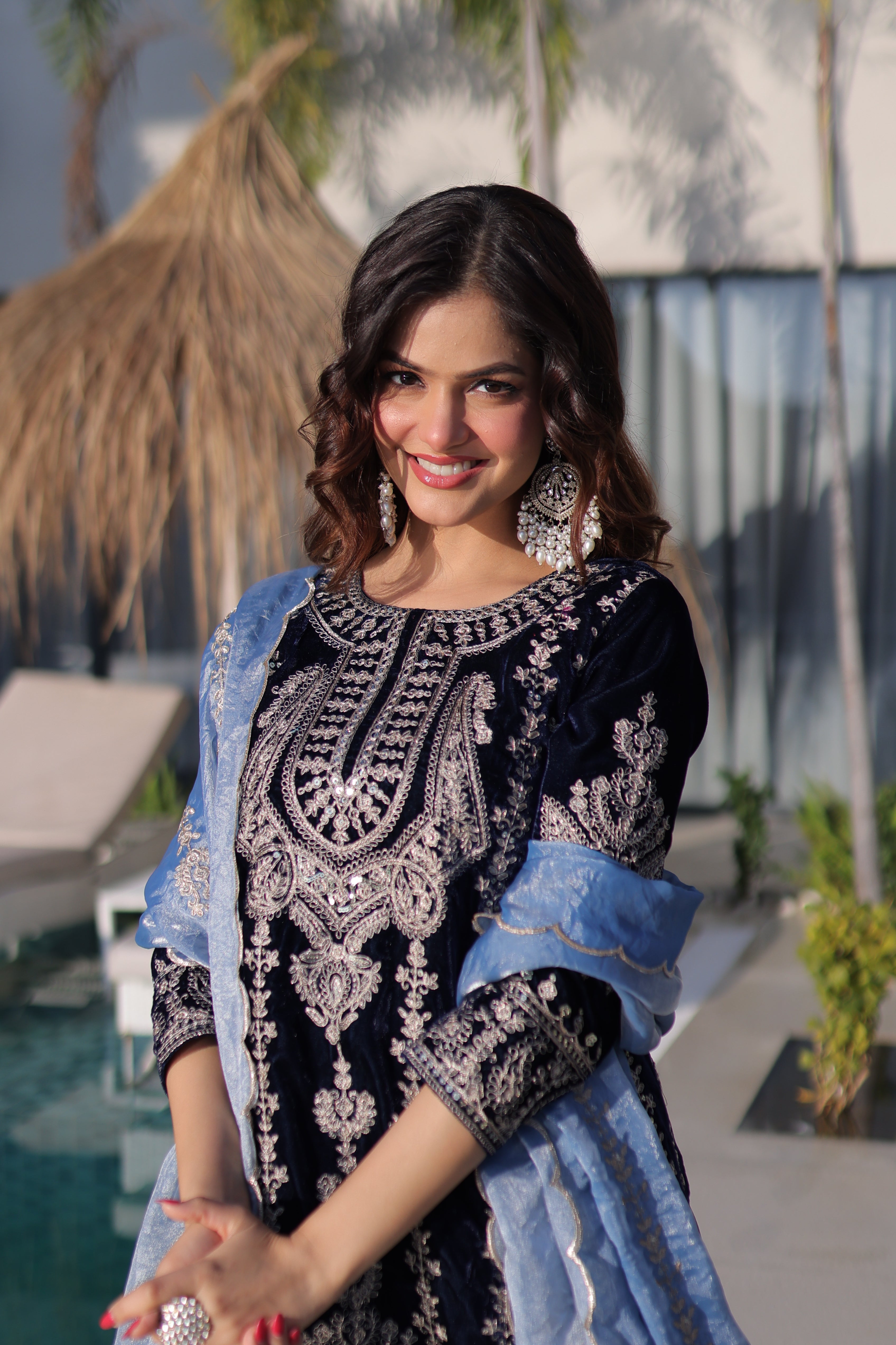 Velvet Zari Embroidered Kurti-Pant With Fendi Dupatta