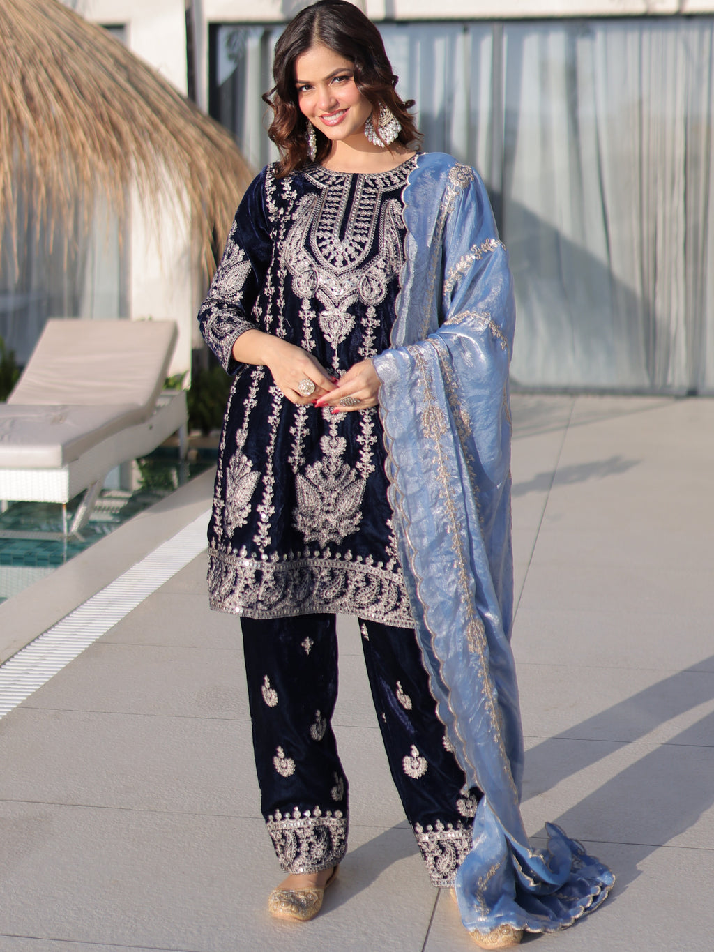 Velvet Zari Embroidered Kurti-Pant With Fendi Dupatta