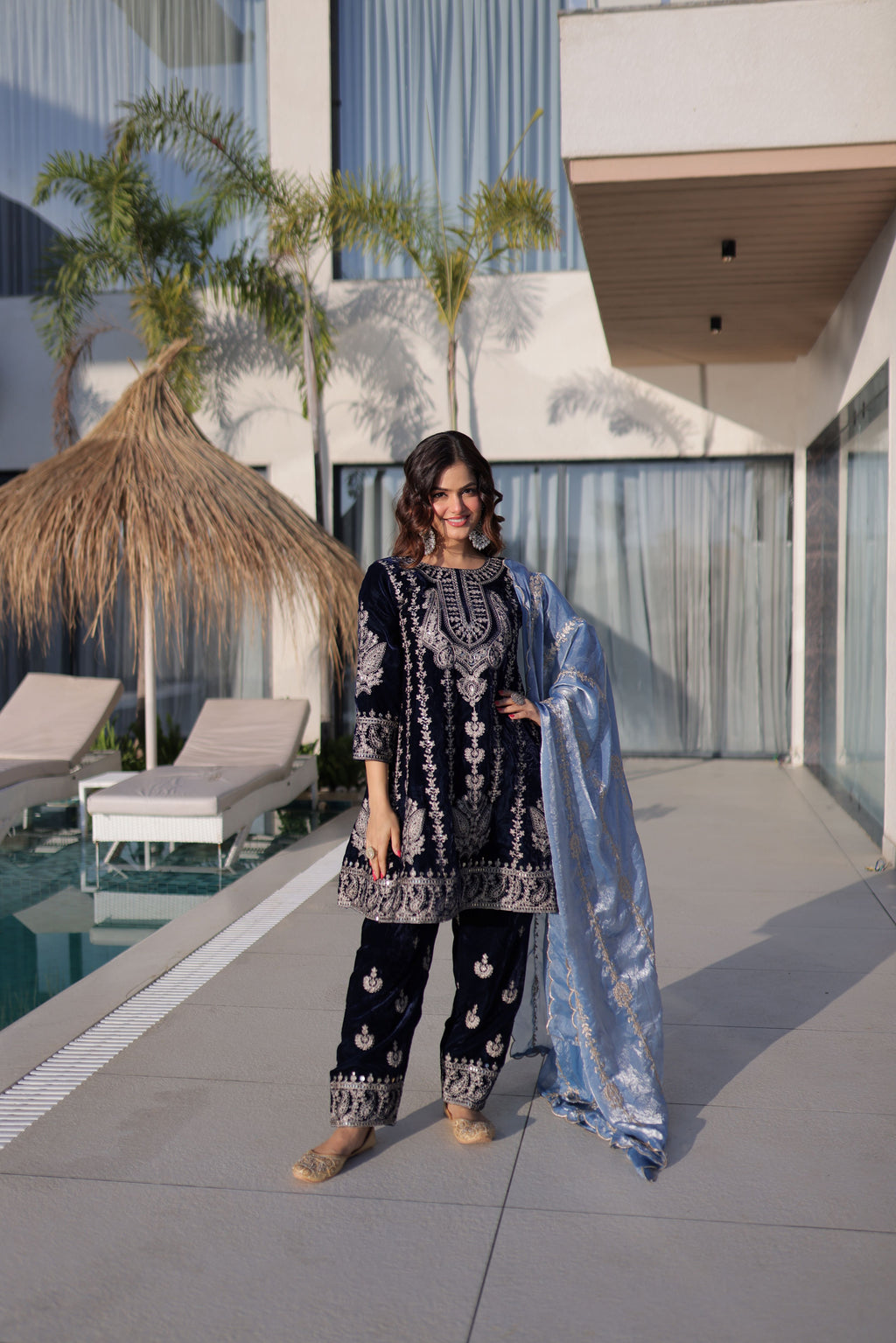 Velvet Zari Embroidered Kurti-Pant With Fendi Dupatta