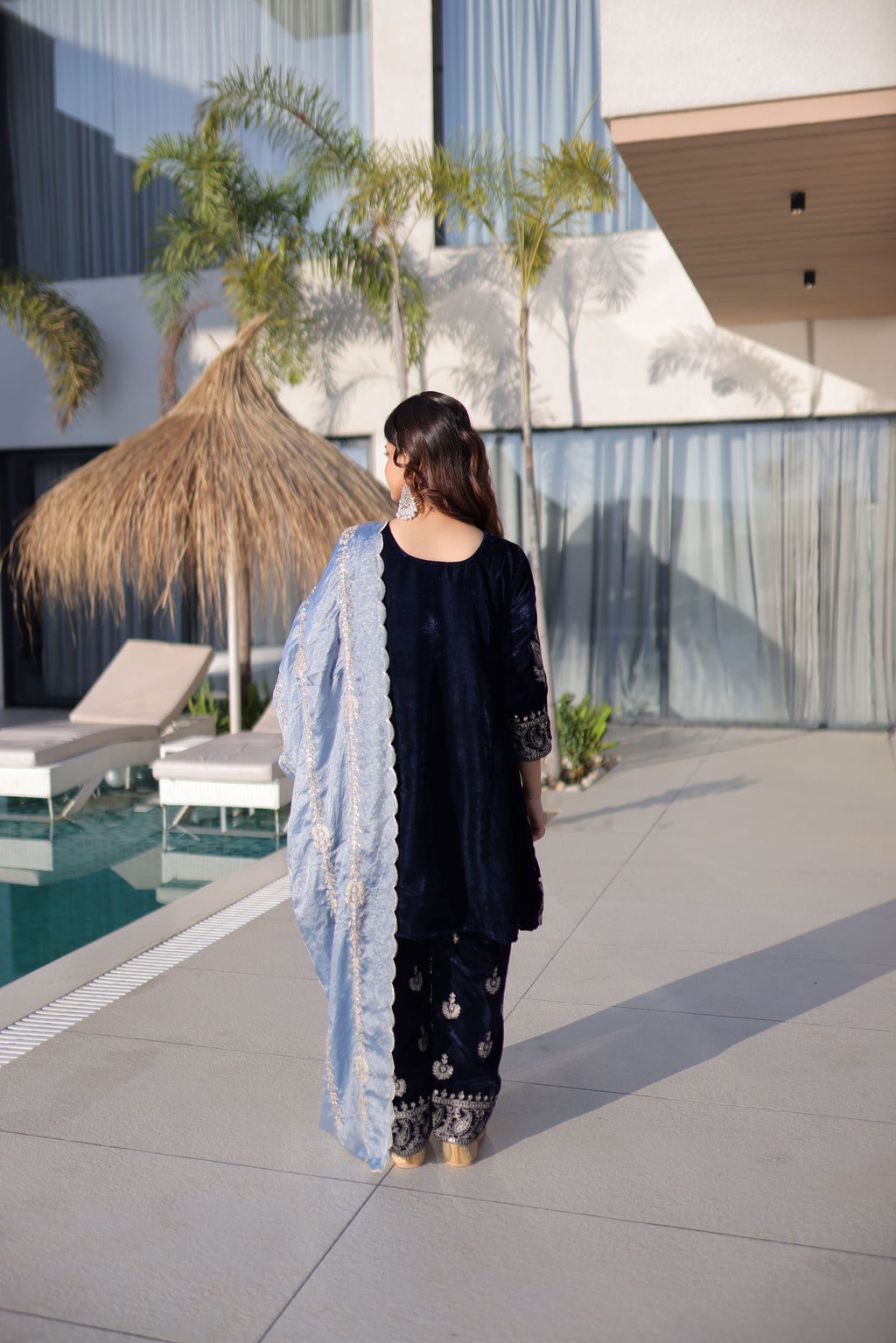 Velvet Zari Embroidered Kurti-Pant With Fendi Dupatta