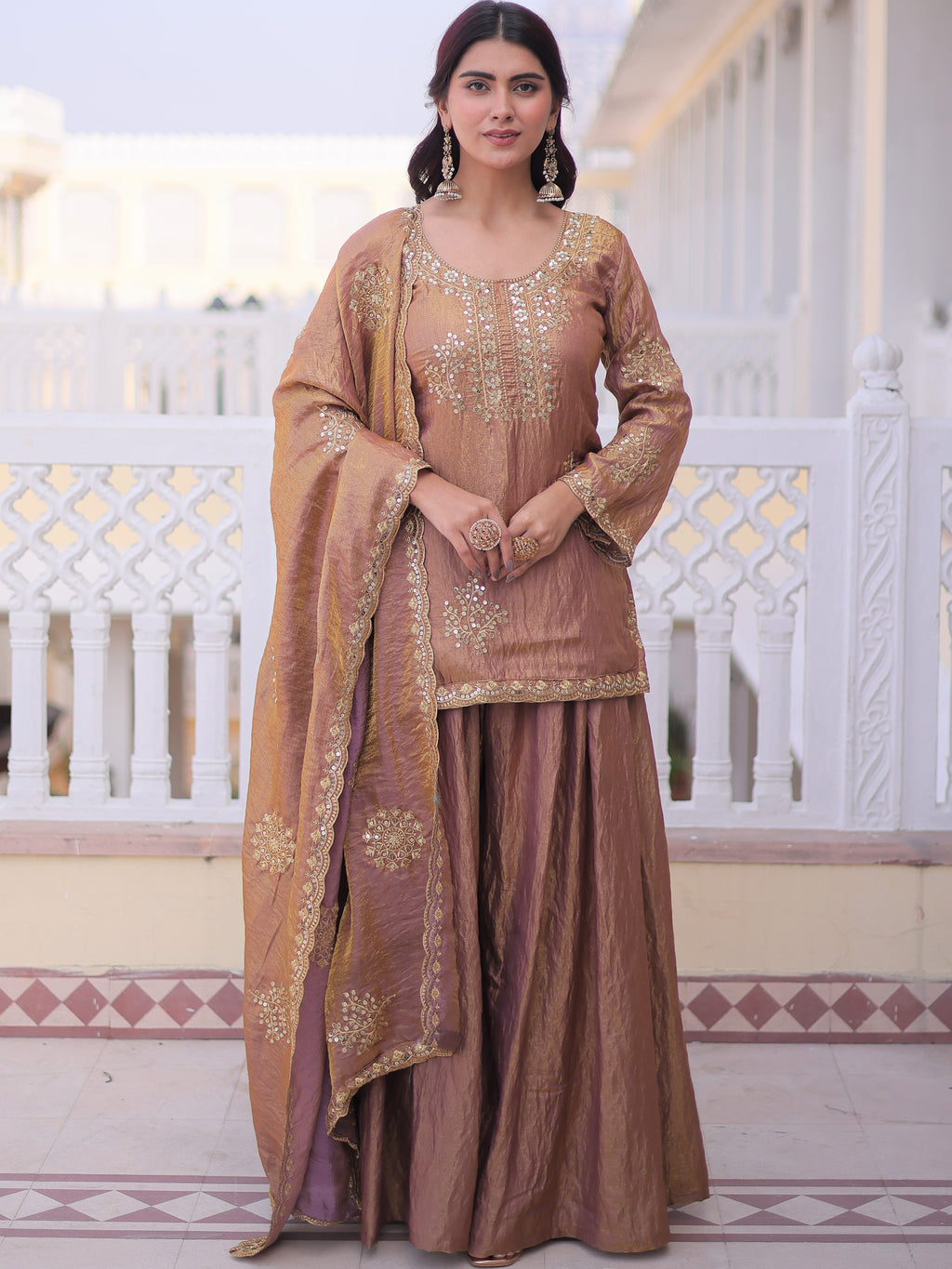 Fendi Crush Embroidered Kurti Sharara With Dupatta