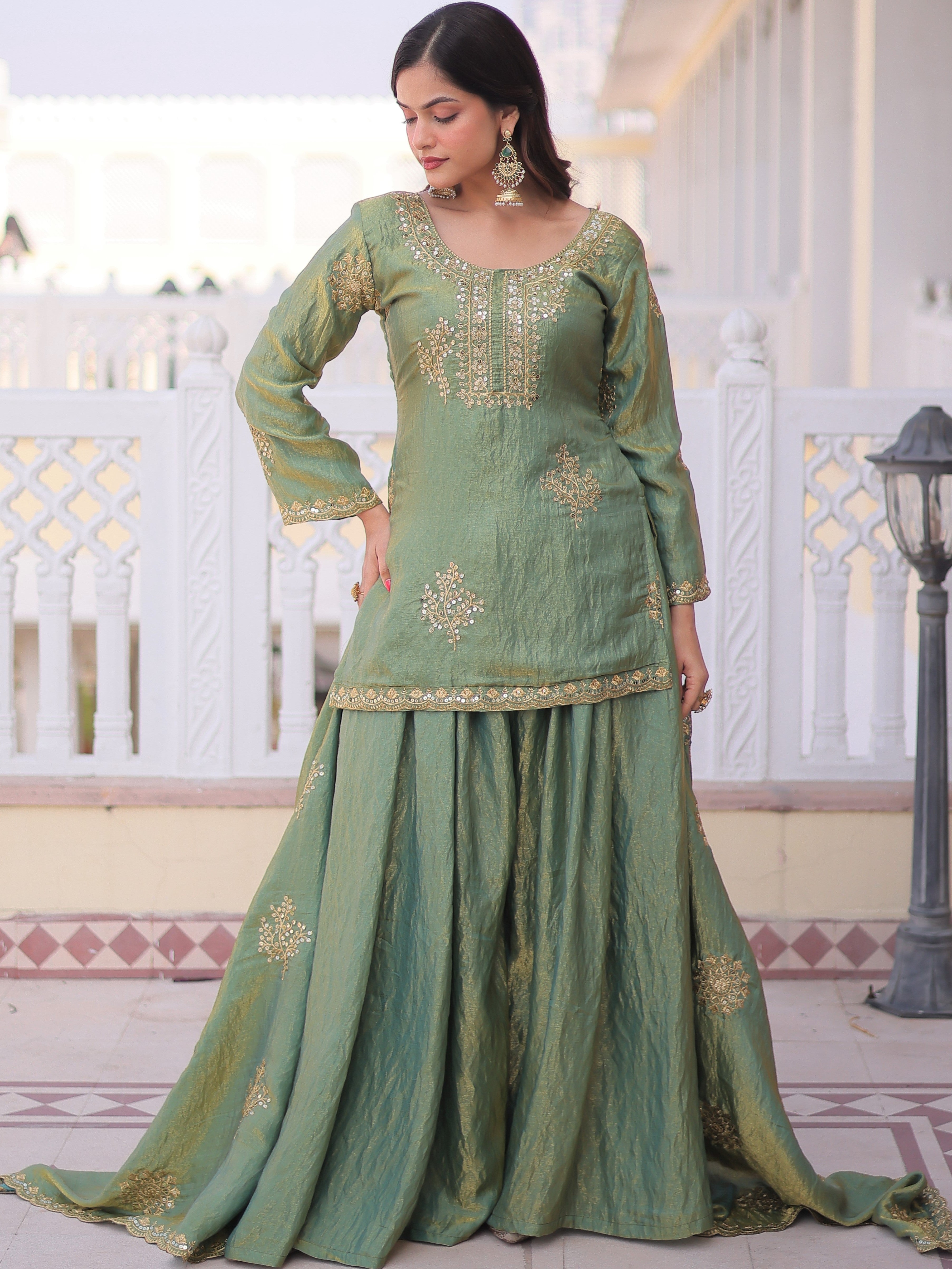 Fendi Crush Embroidered Kurti Sharara With Dupatta