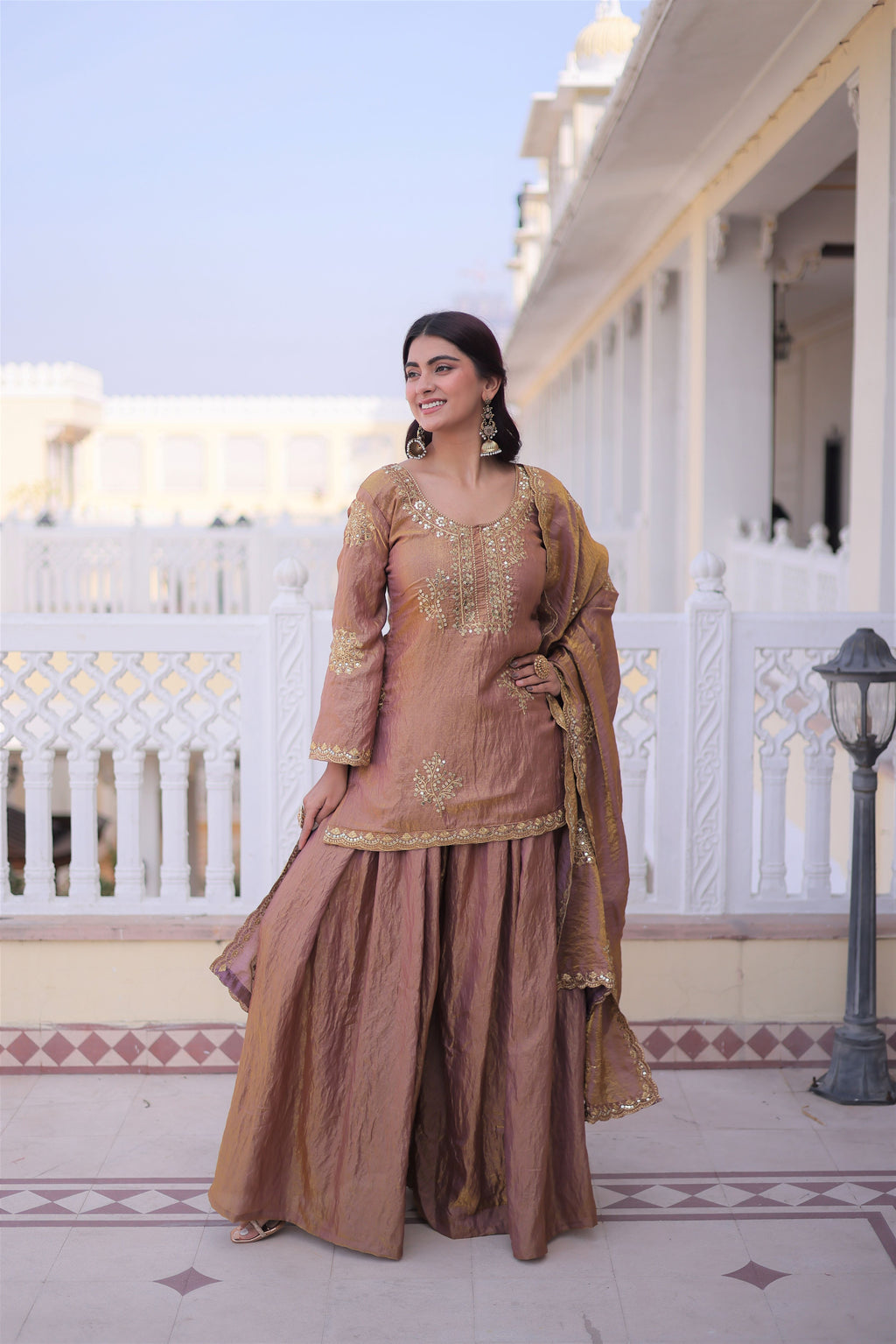 Fendi Crush Embroidered Kurti Sharara With Dupatta