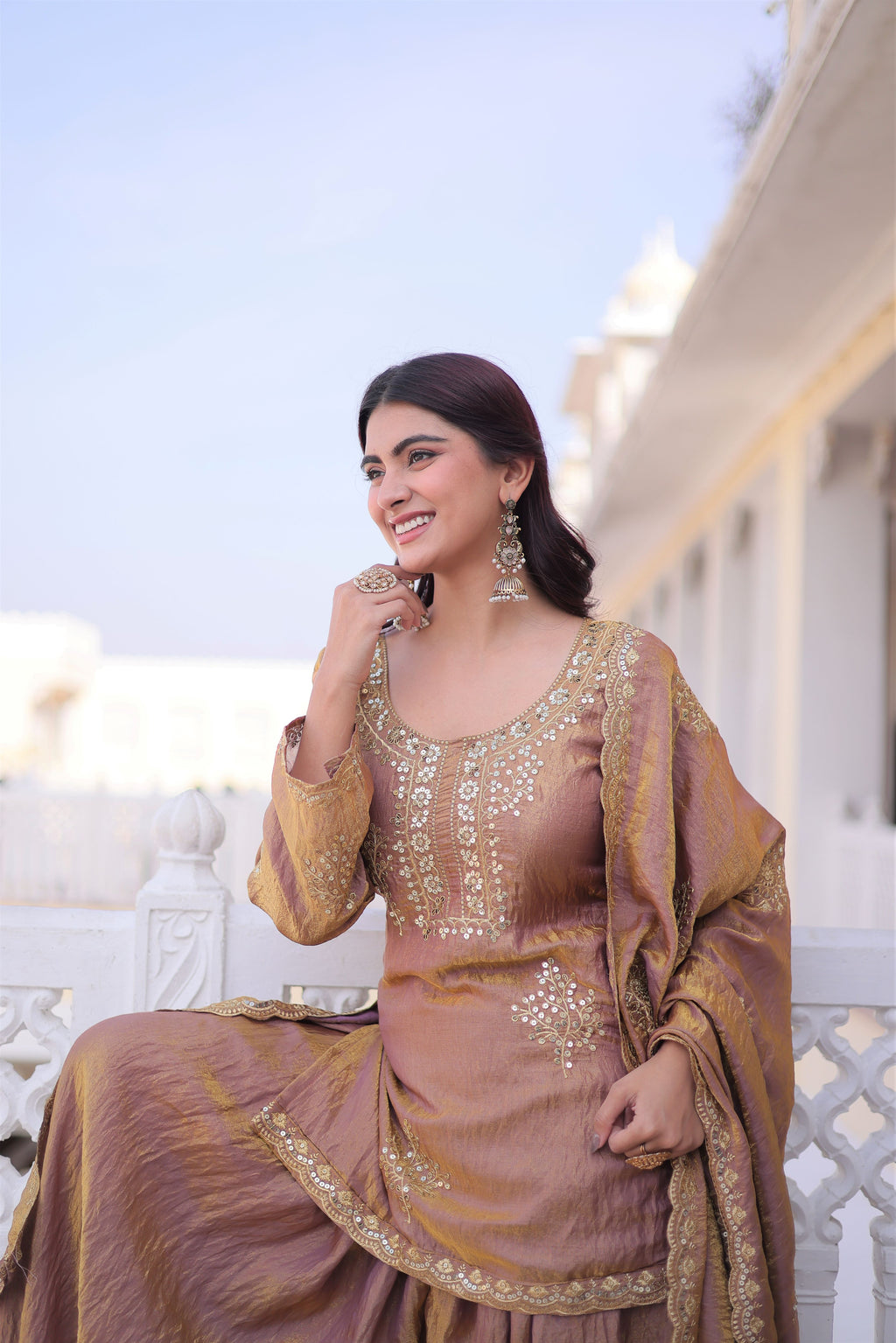 Fendi Crush Embroidered Kurti Sharara With Dupatta