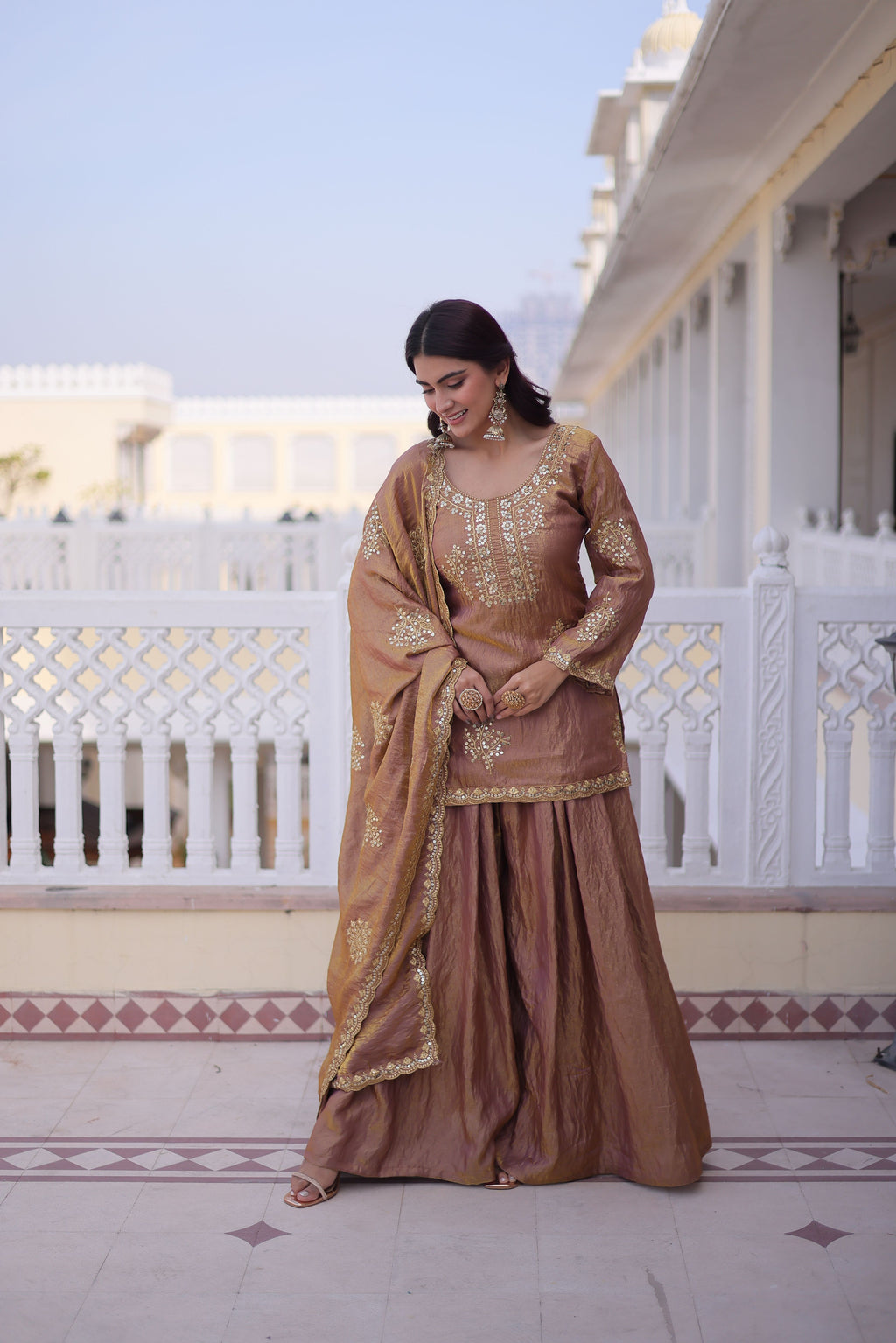 Fendi Crush Embroidered Kurti Sharara With Dupatta