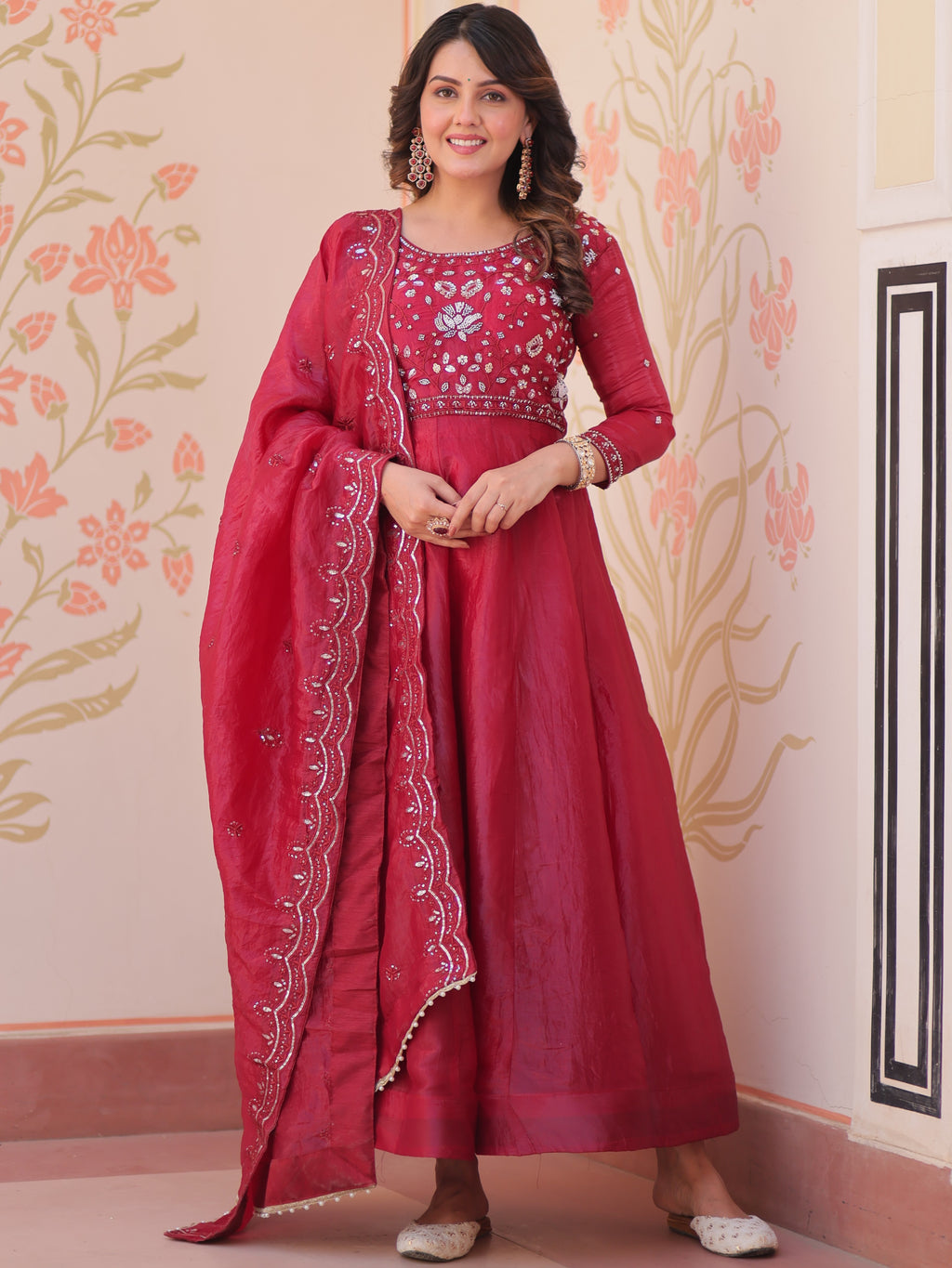 Gold Crush Bead Embroidered Gown With Dupatta