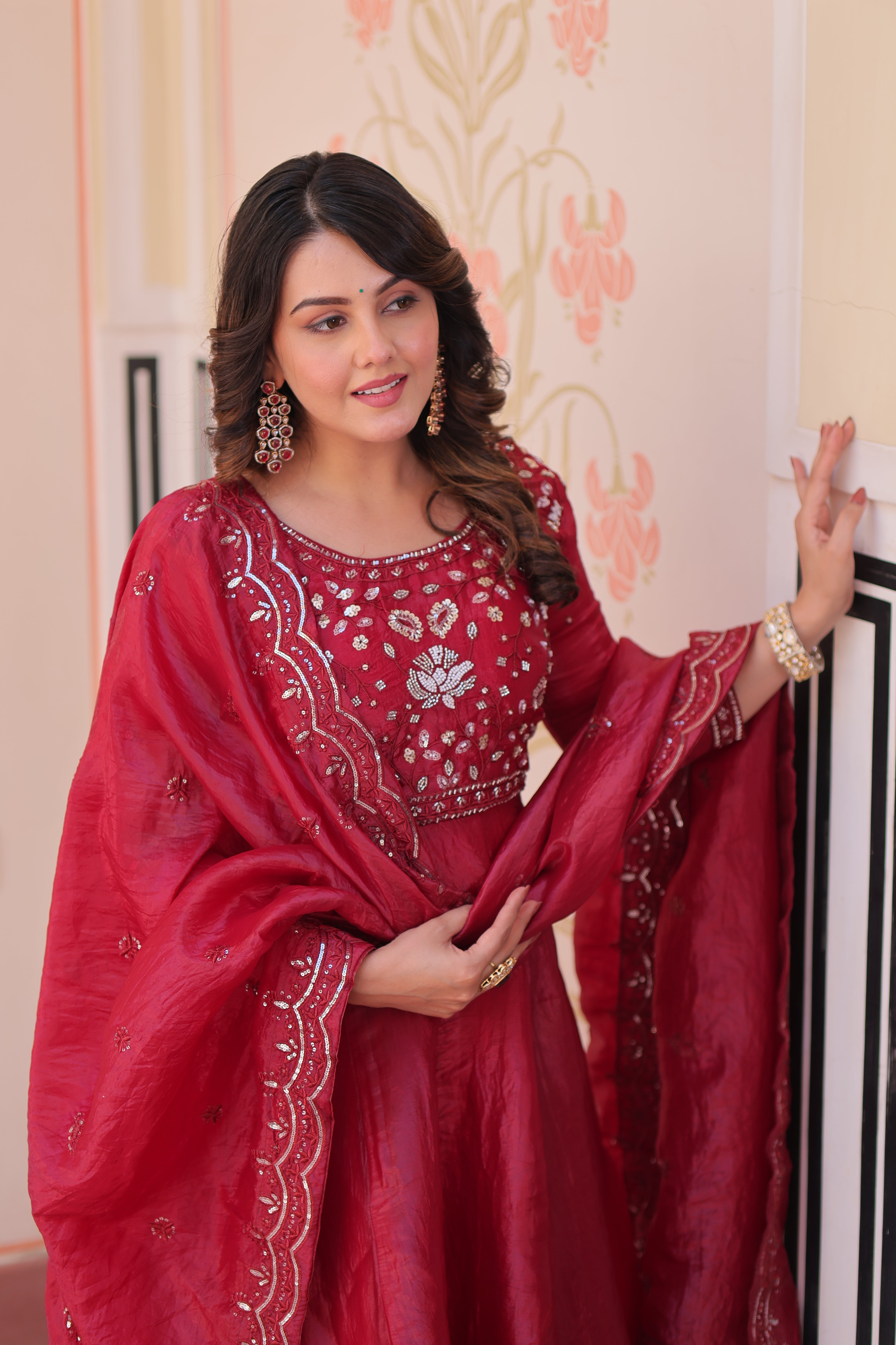 Gold Crush Bead Embroidered Gown With Dupatta