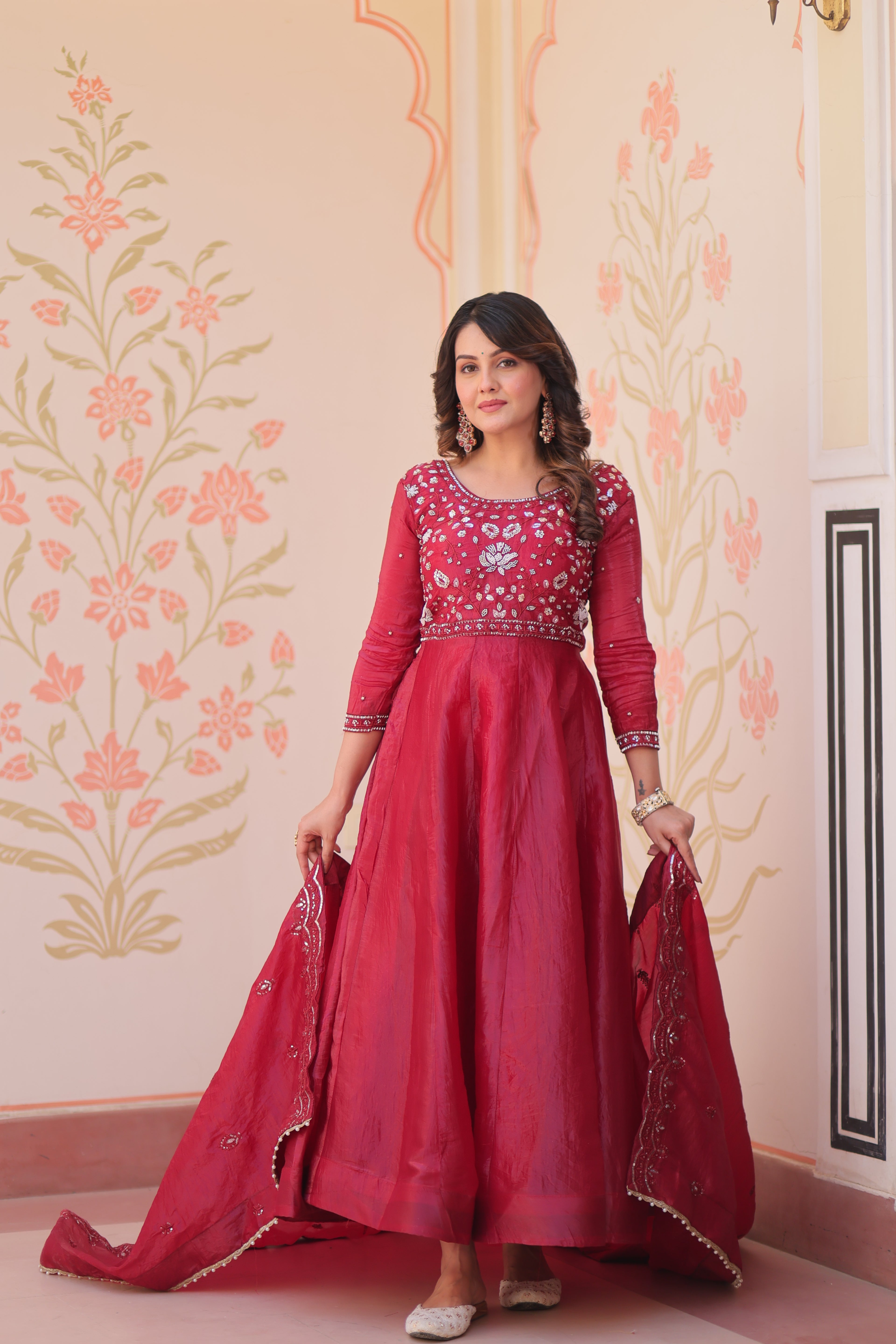 Gold Crush Bead Embroidered Gown With Dupatta