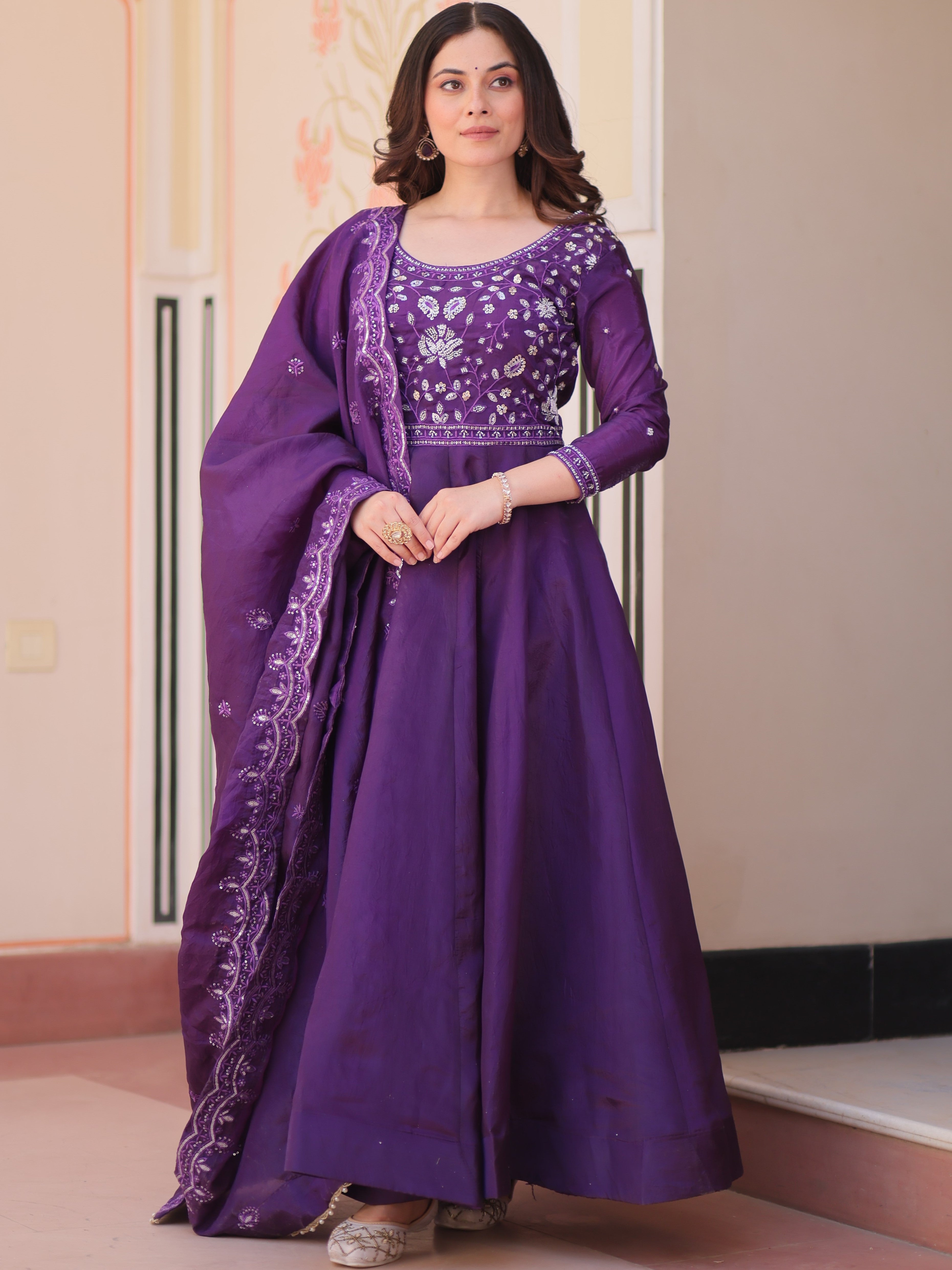 Gold Crush Bead Embroidered Gown With Dupatta