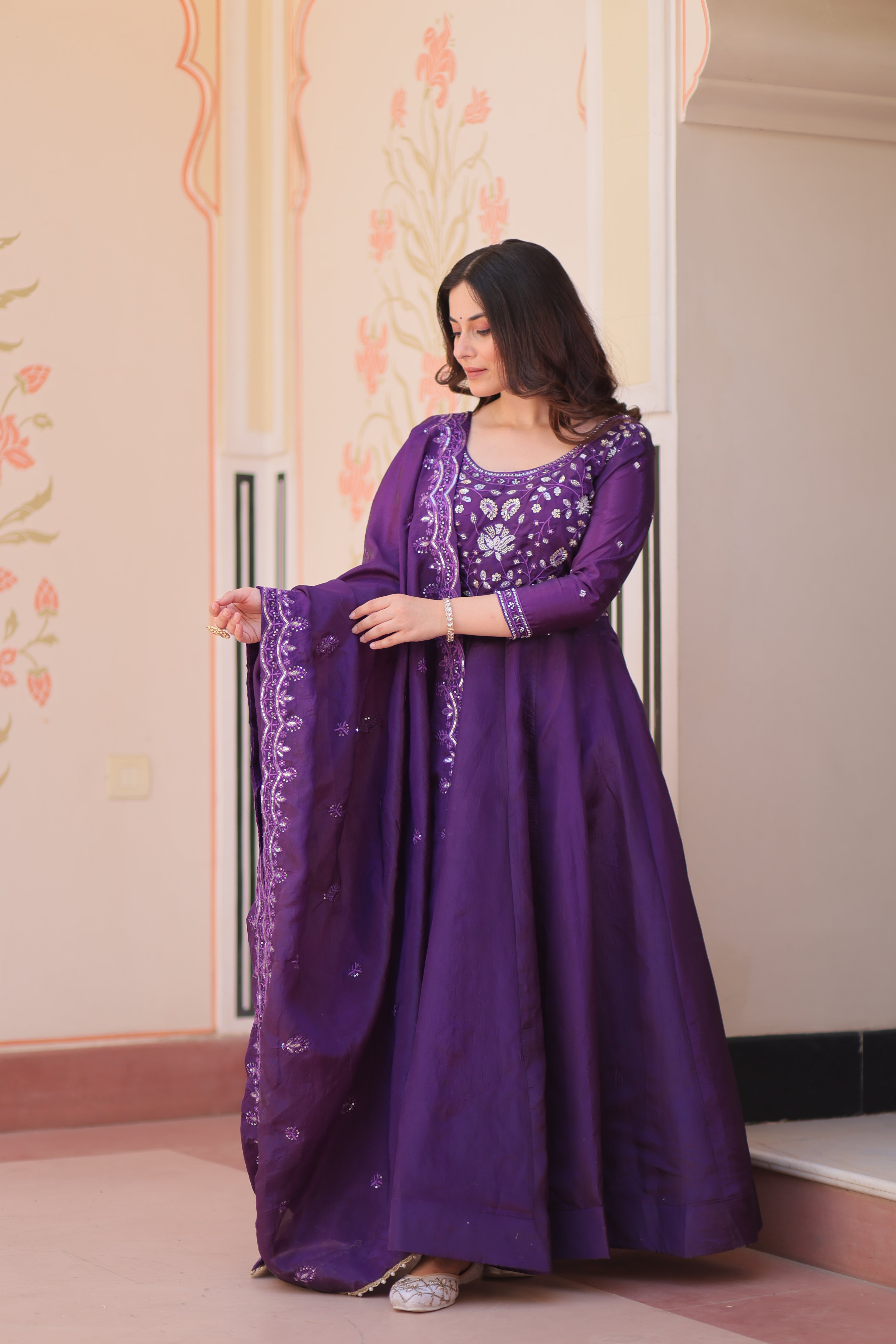 Gold Crush Bead Embroidered Gown With Dupatta