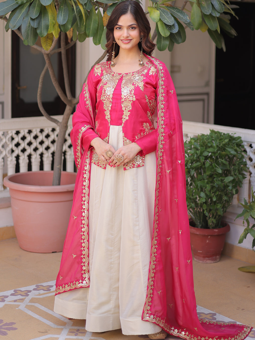 Roman Silk Embroidered Gown With Dupatta