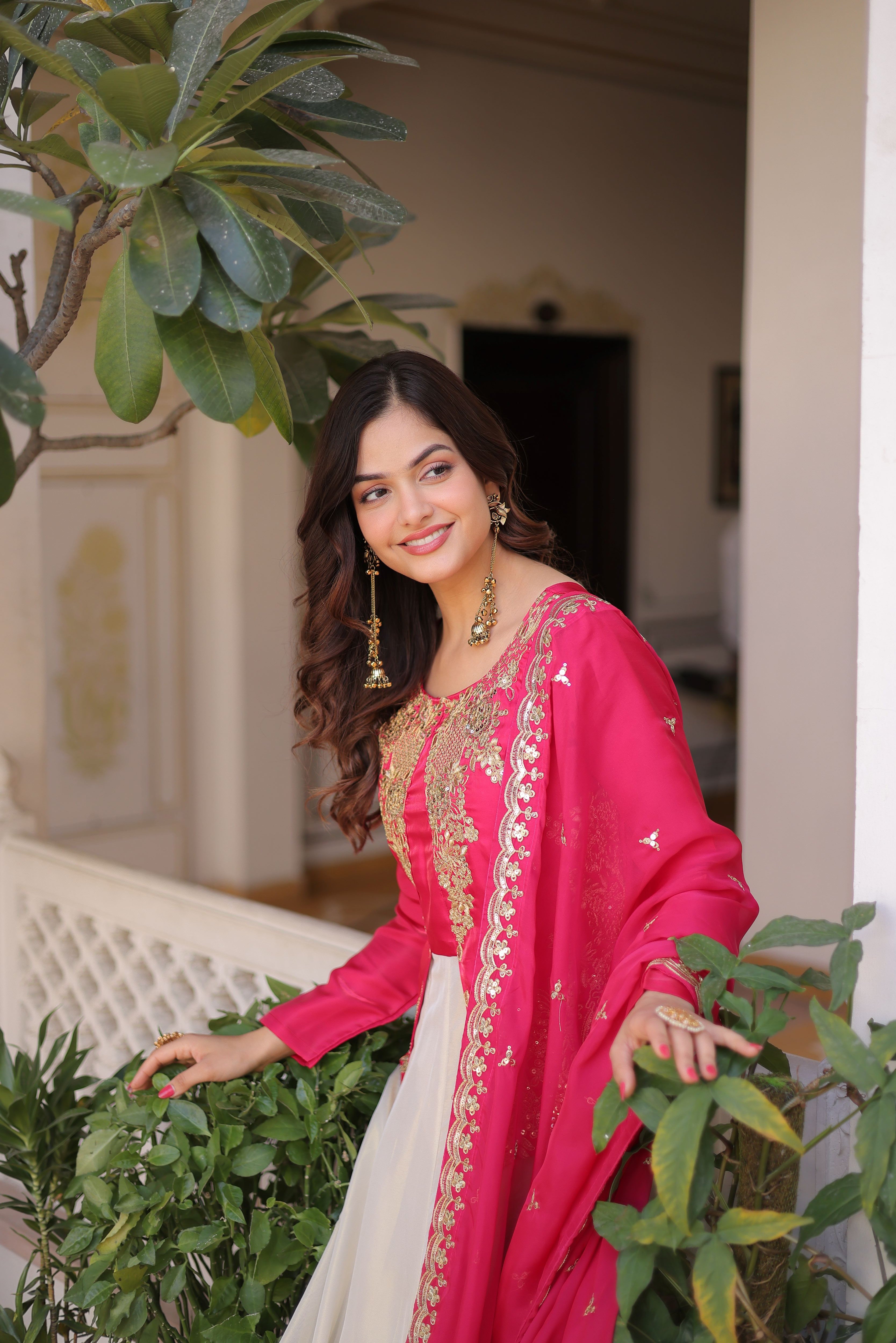 Roman Silk Embroidered Gown With Dupatta