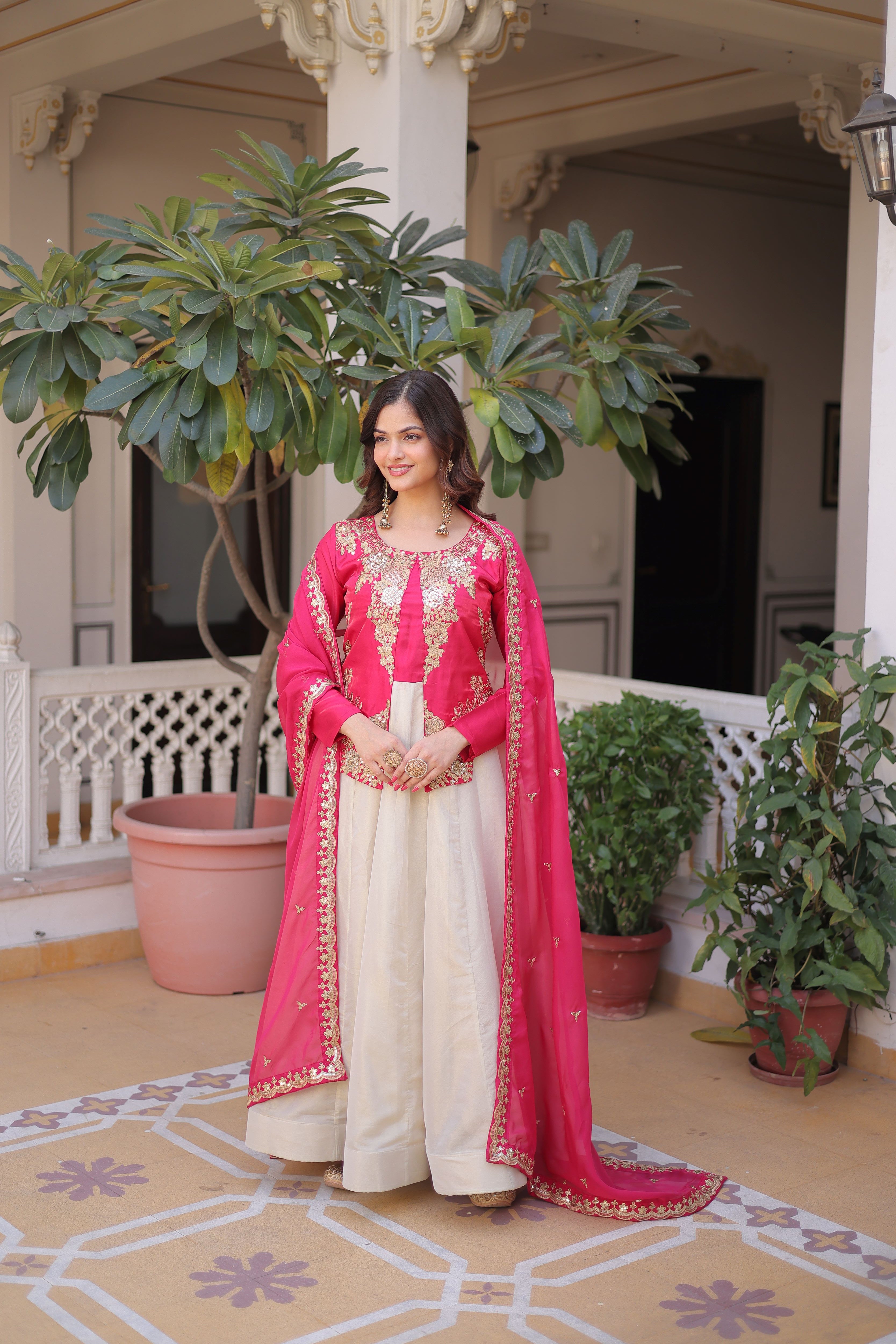 Roman Silk Embroidered Gown With Dupatta