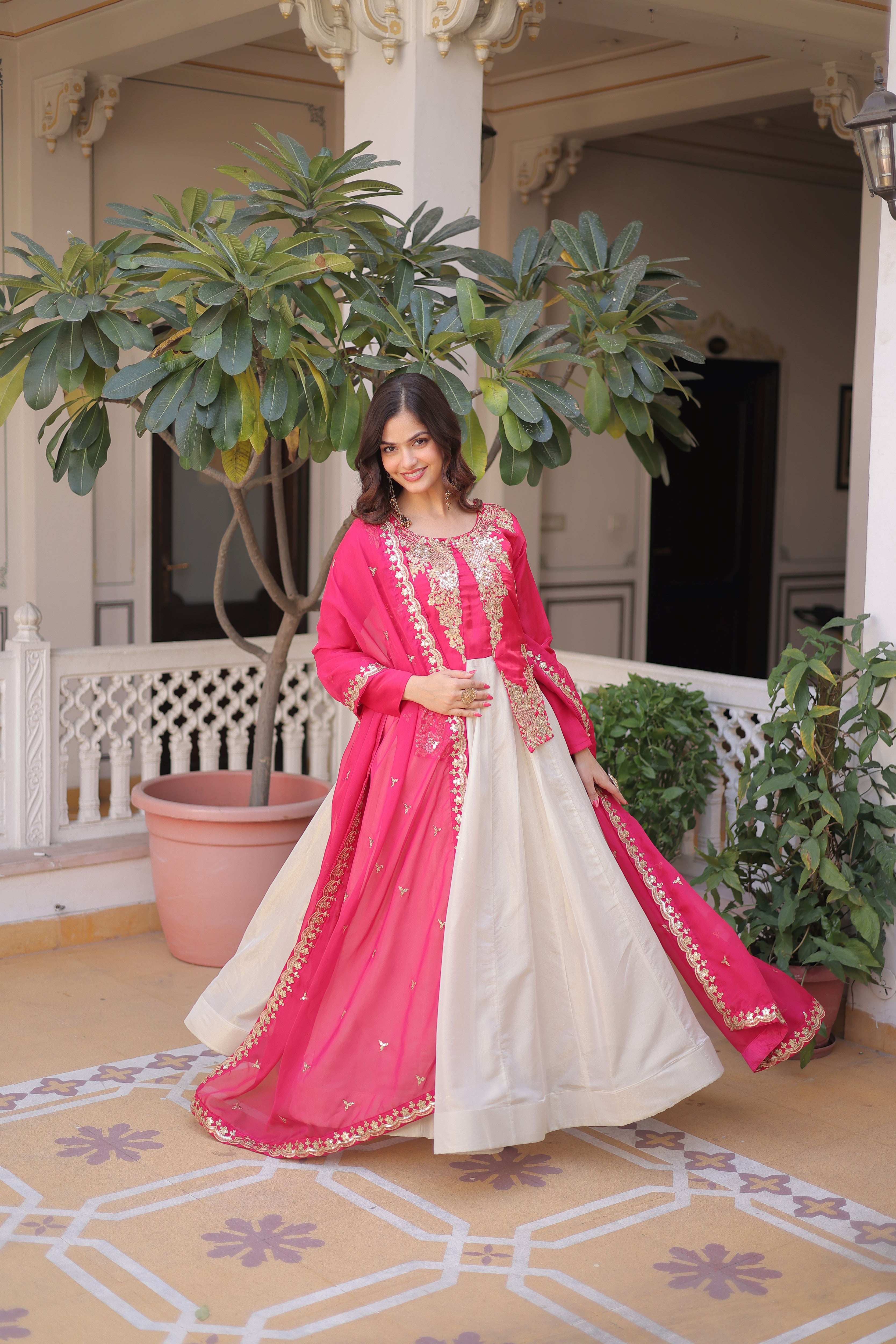 Roman Silk Embroidered Gown With Dupatta