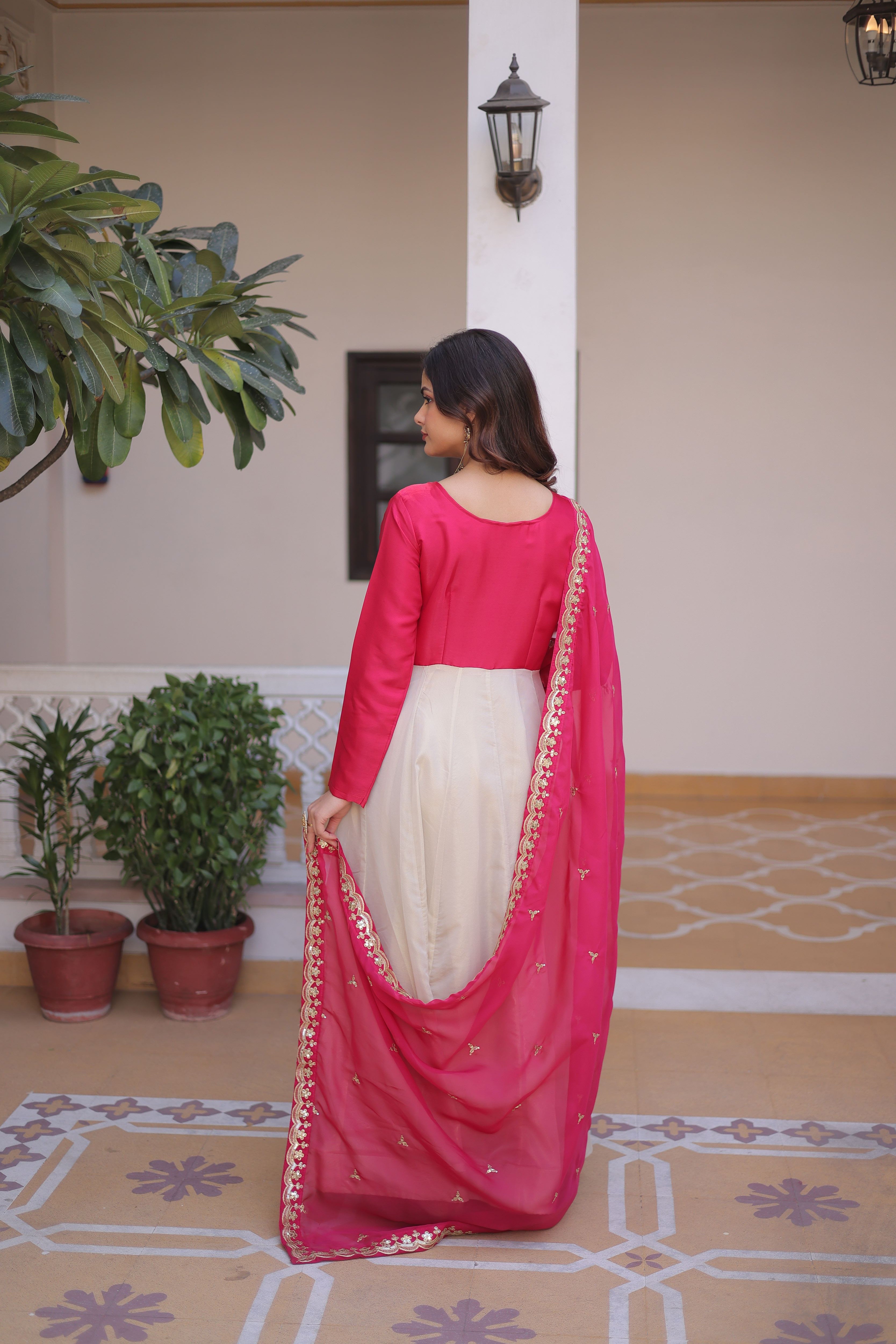 Roman Silk Embroidered Gown With Dupatta