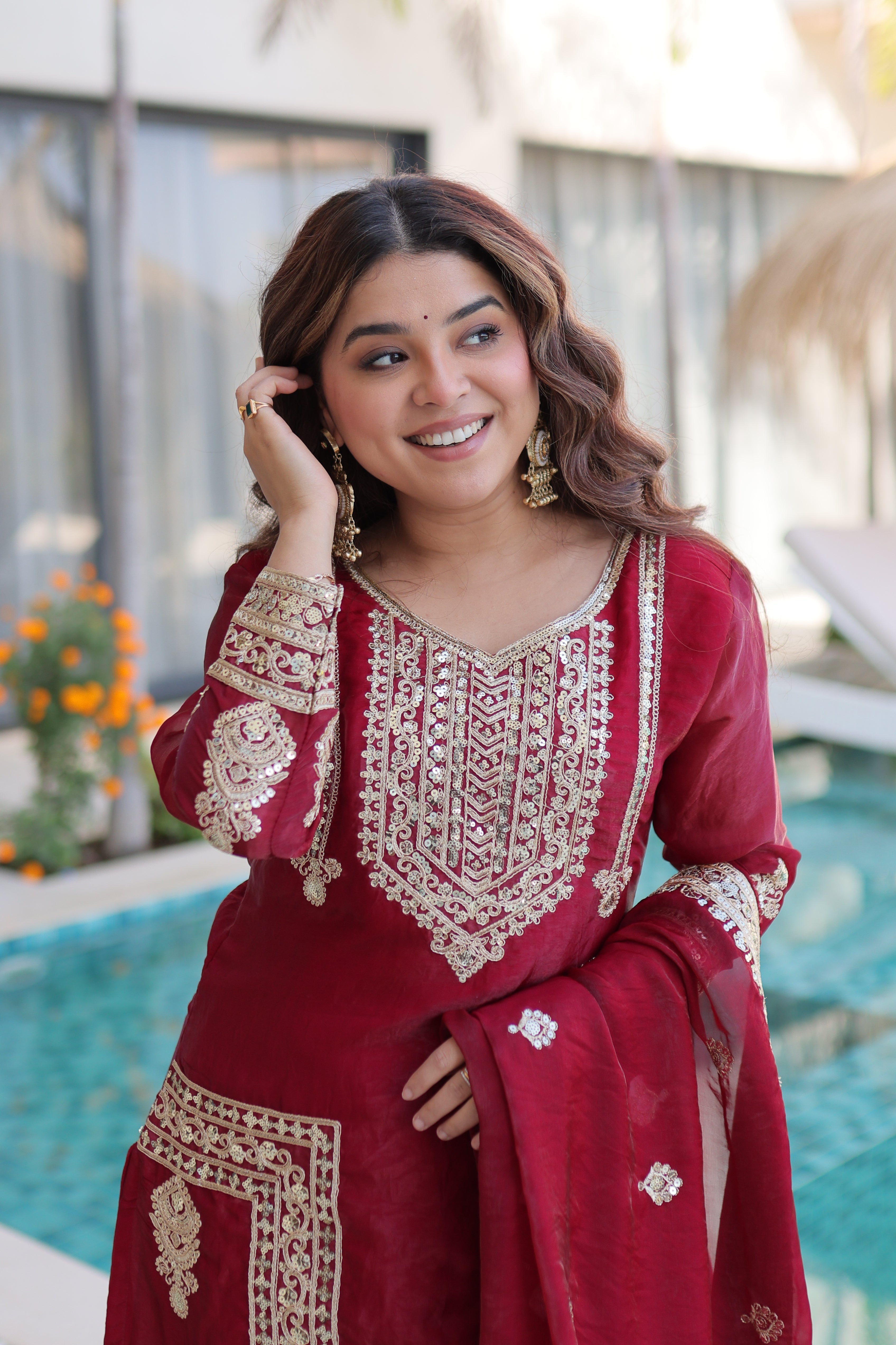 Fendi Silk Embroidered Kurti-Pant With Dupatta