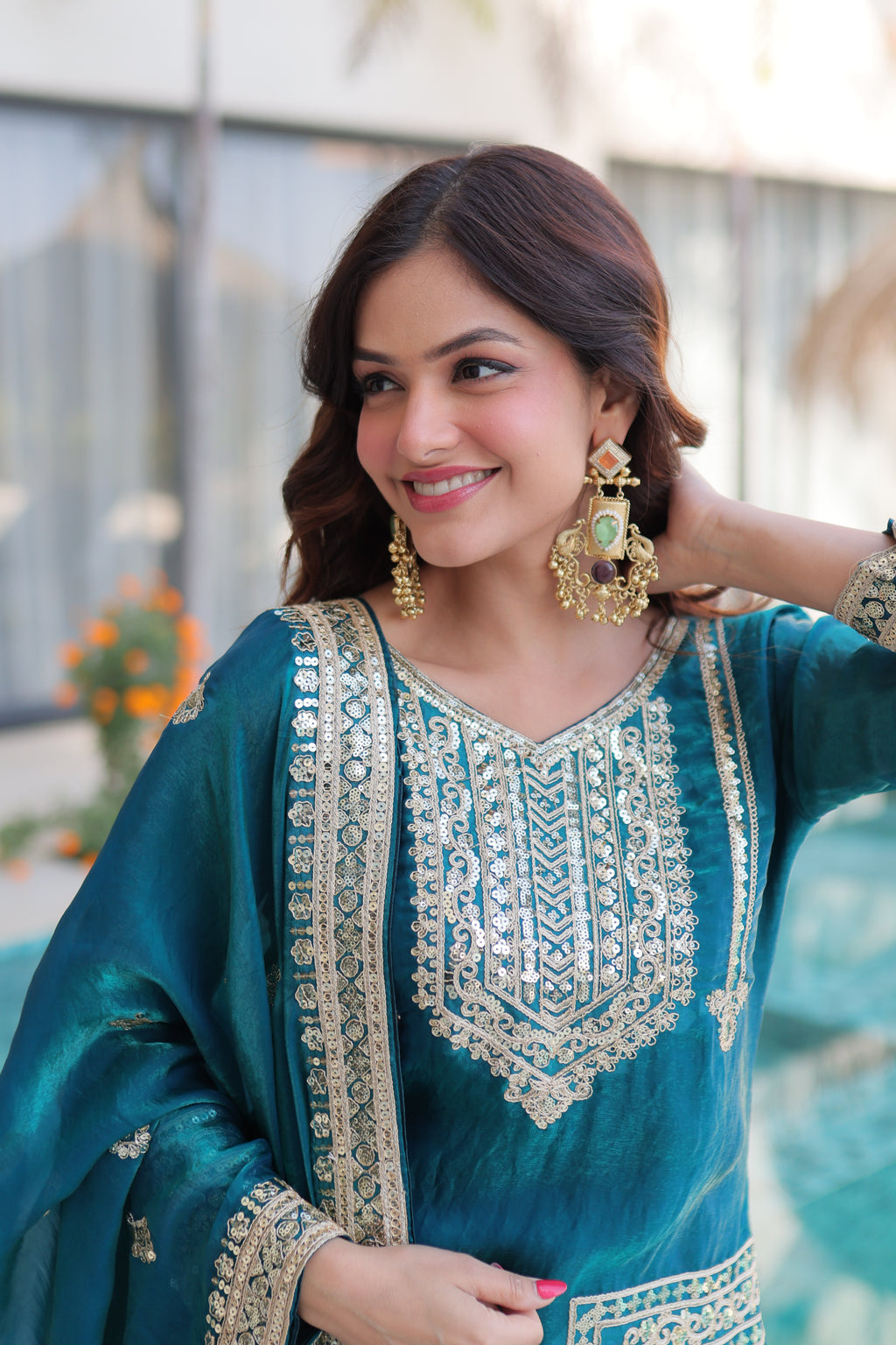 Fendi Silk Embroidered Kurti-Pant With Dupatta