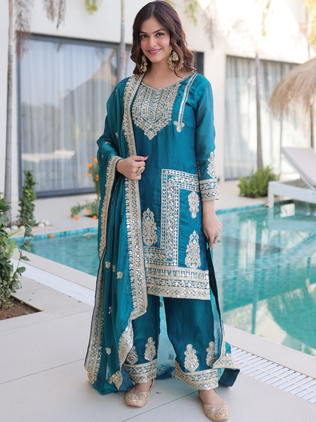 Fendi Silk Embroidered Kurti-Pant With Dupatta