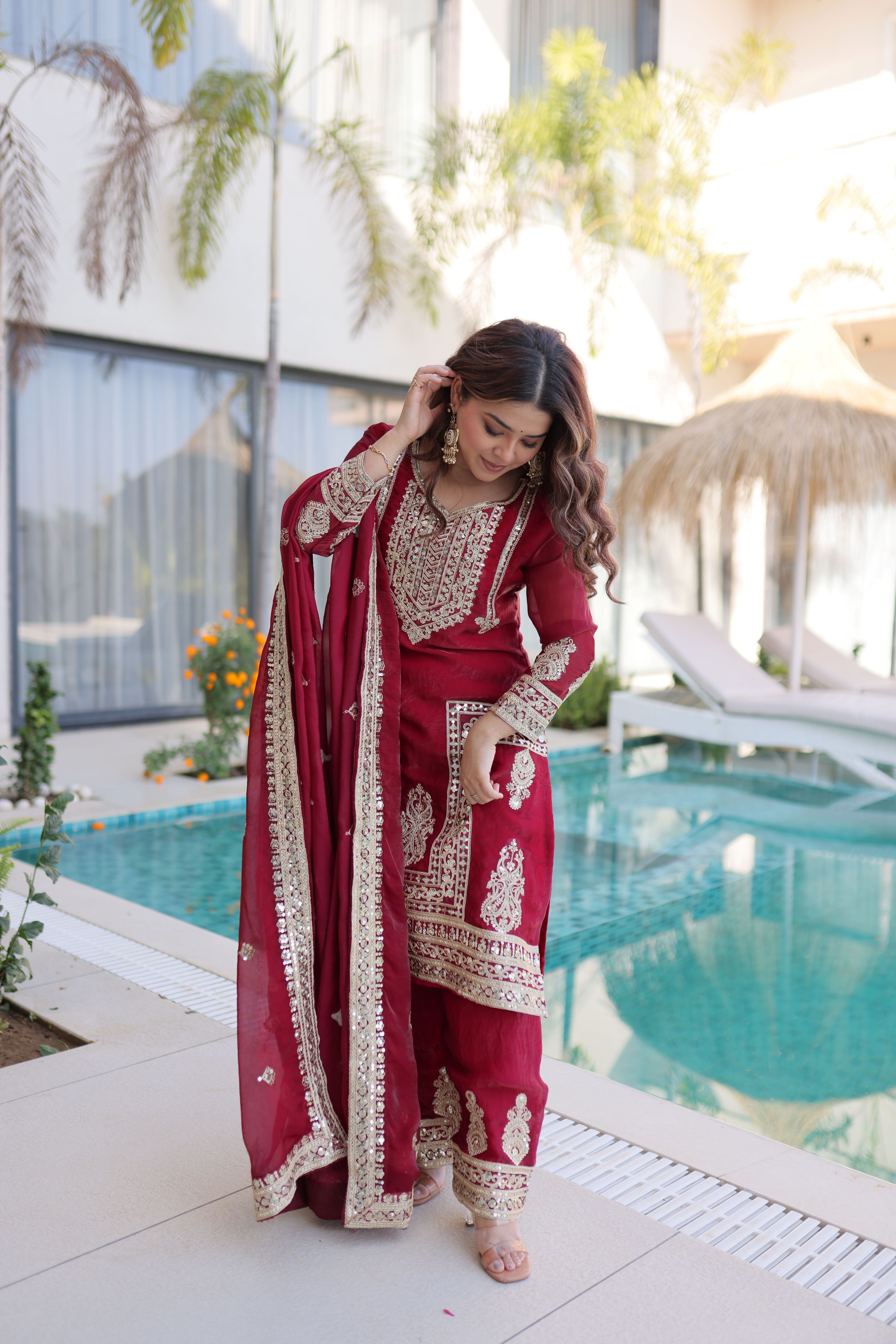 Fendi Silk Embroidered Kurti-Pant With Dupatta