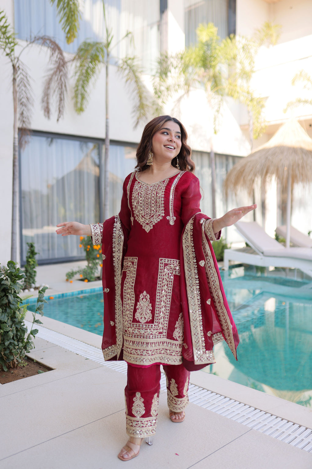 Fendi Silk Embroidered Kurti-Pant With Dupatta