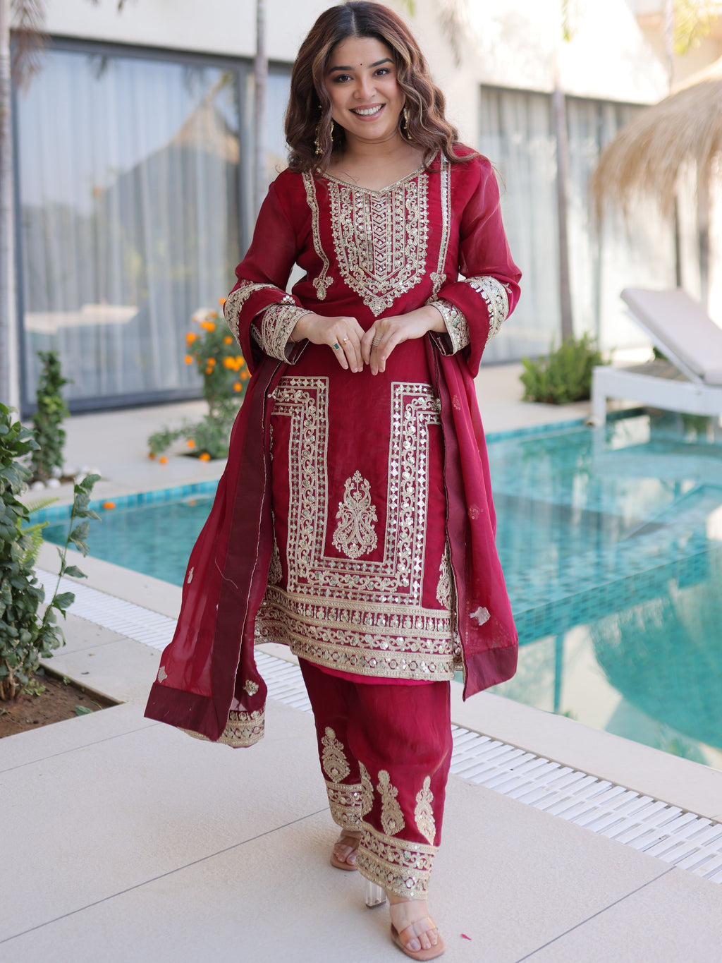 Fendi Silk Embroidered Kurti-Pant With Dupatta