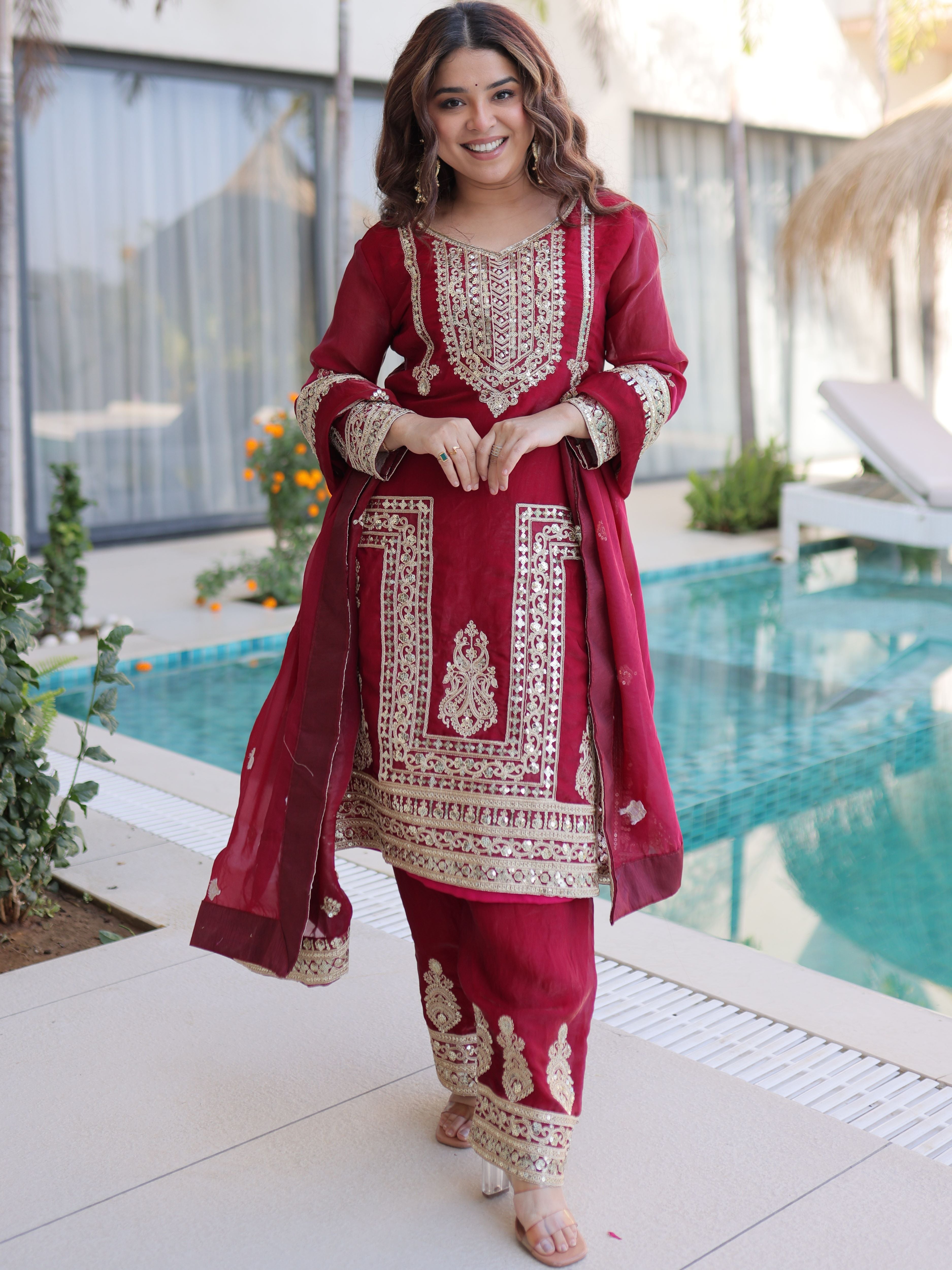 Fendi Silk Embroidered Kurti-Pant With Dupatta