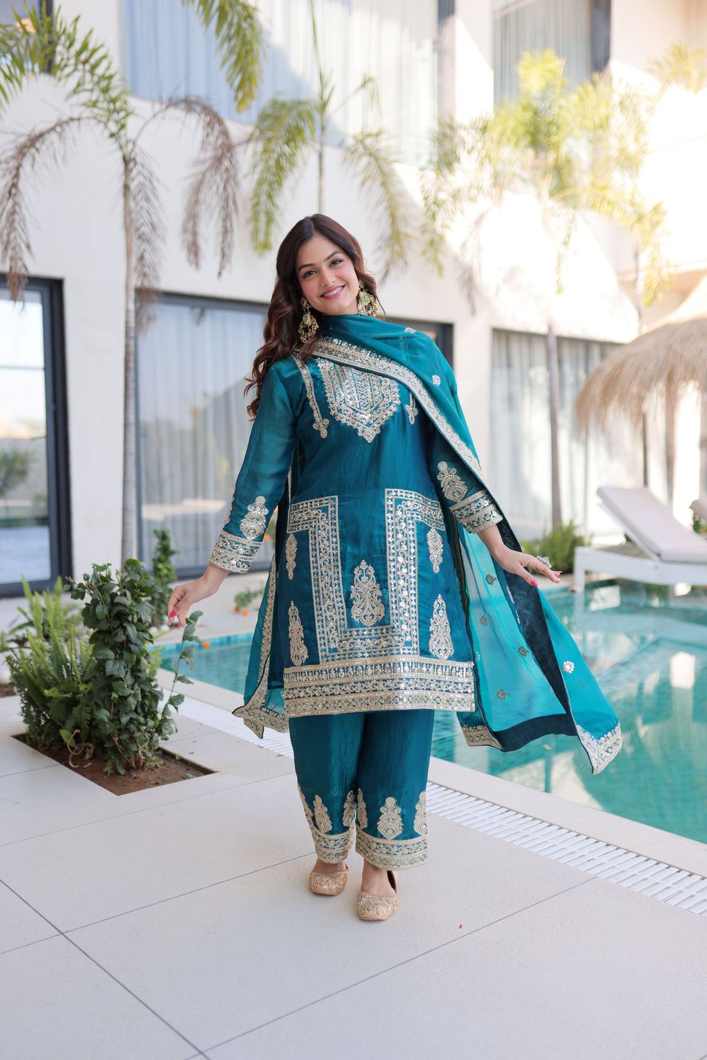 Fendi Silk Embroidered Kurti-Pant With Dupatta
