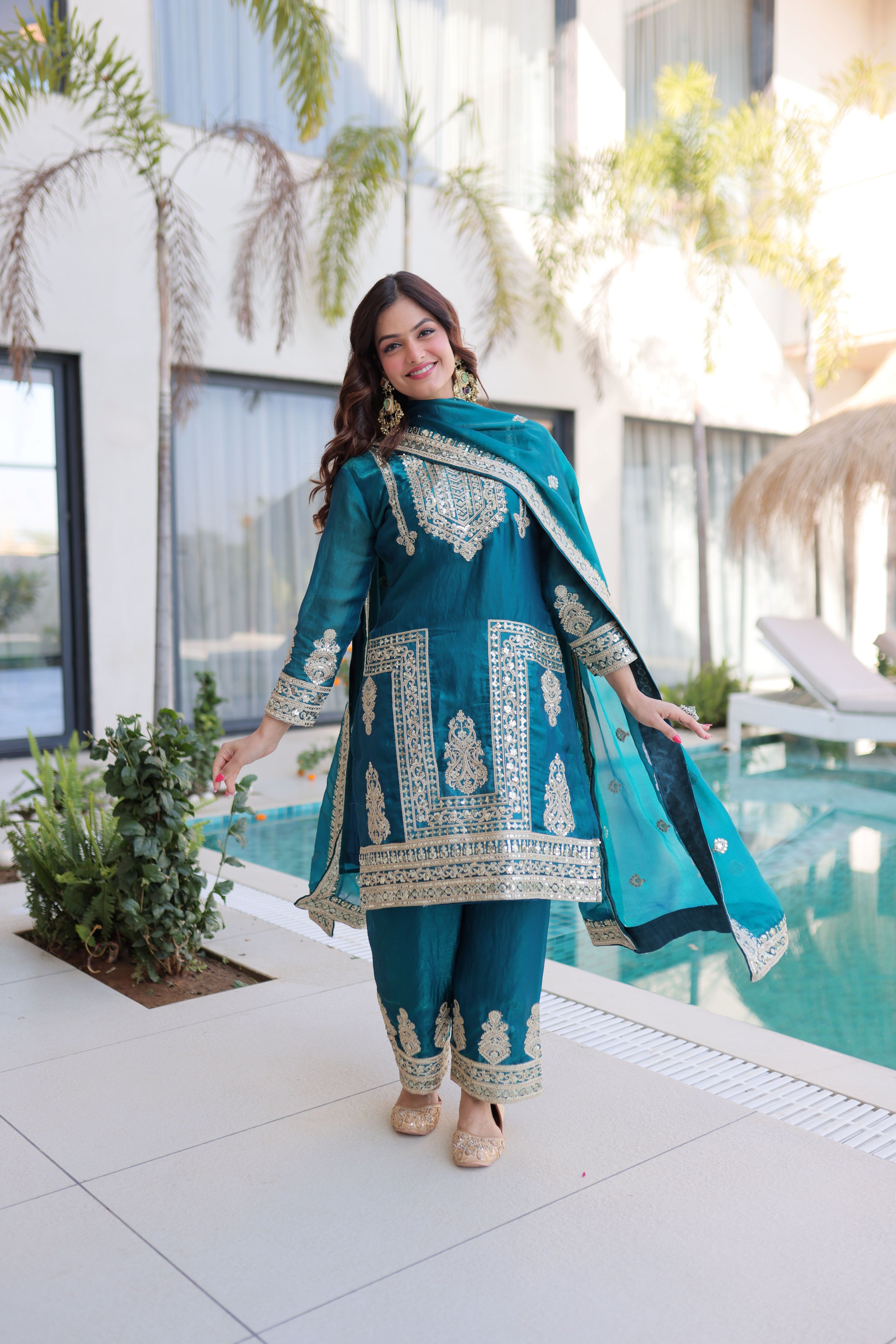 Fendi Silk Embroidered Kurti-Pant With Dupatta