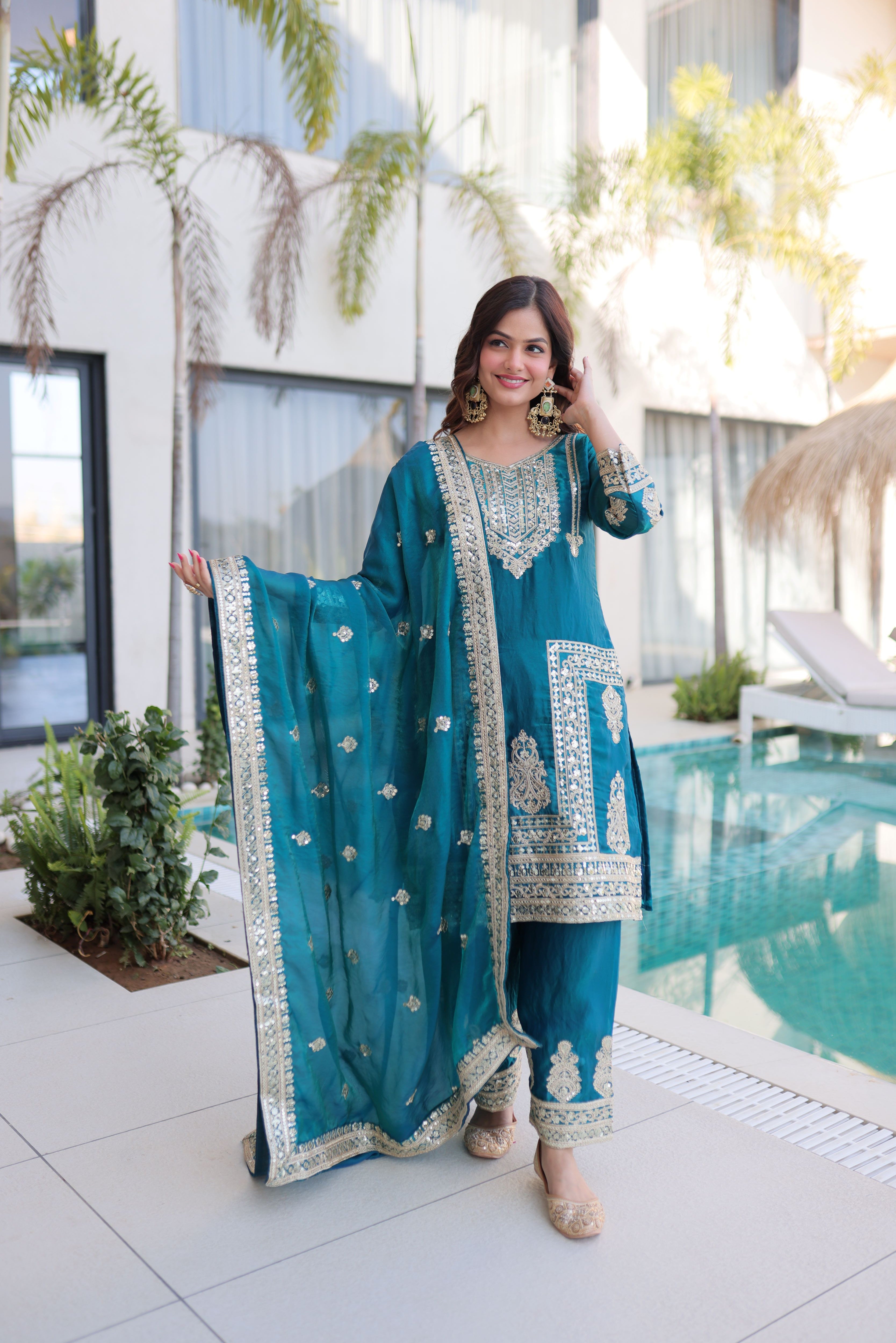 Fendi Silk Embroidered Kurti-Pant With Dupatta
