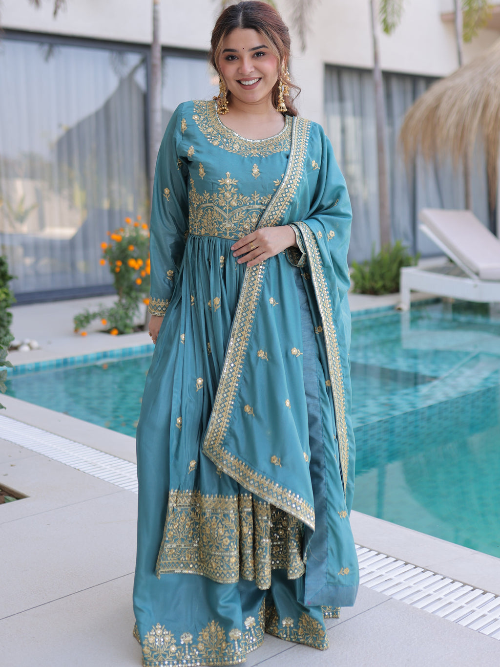 Silk Embroidered Kurti Sharara With Dupatta