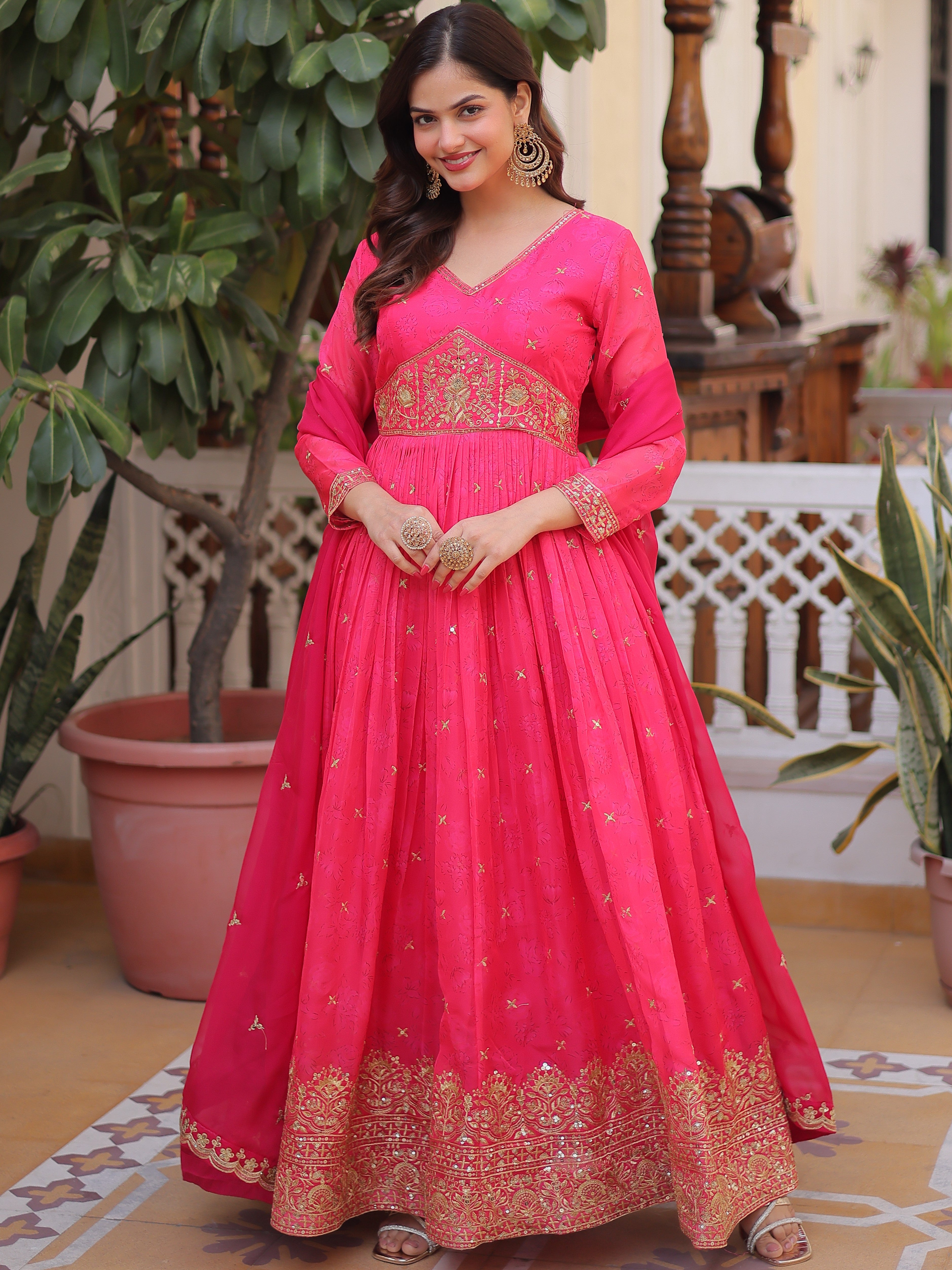 Russian Silk Embroidered Gown With Dupatta