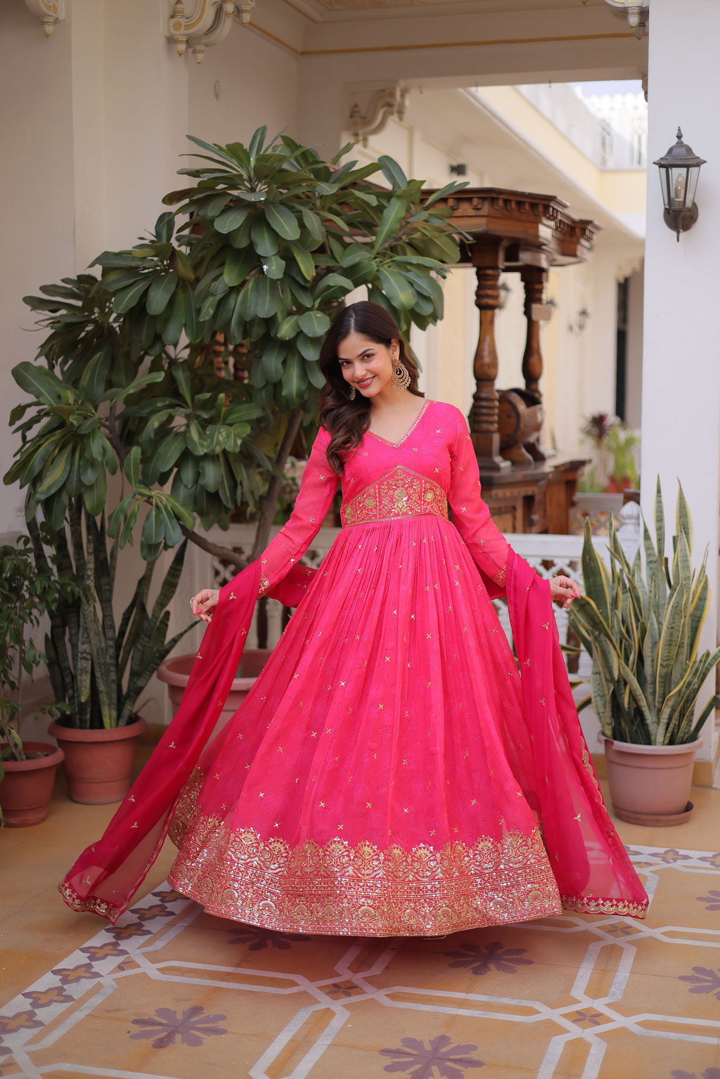 Russian Silk Embroidered Gown With Dupatta