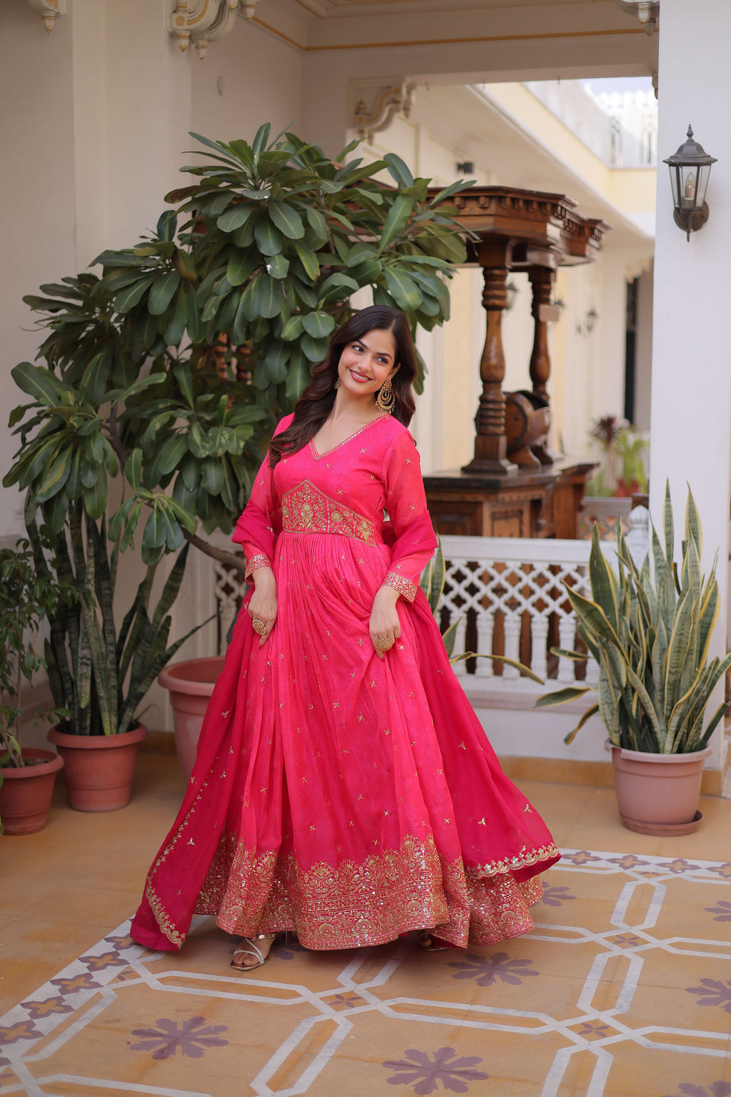 Russian Silk Embroidered Gown With Dupatta