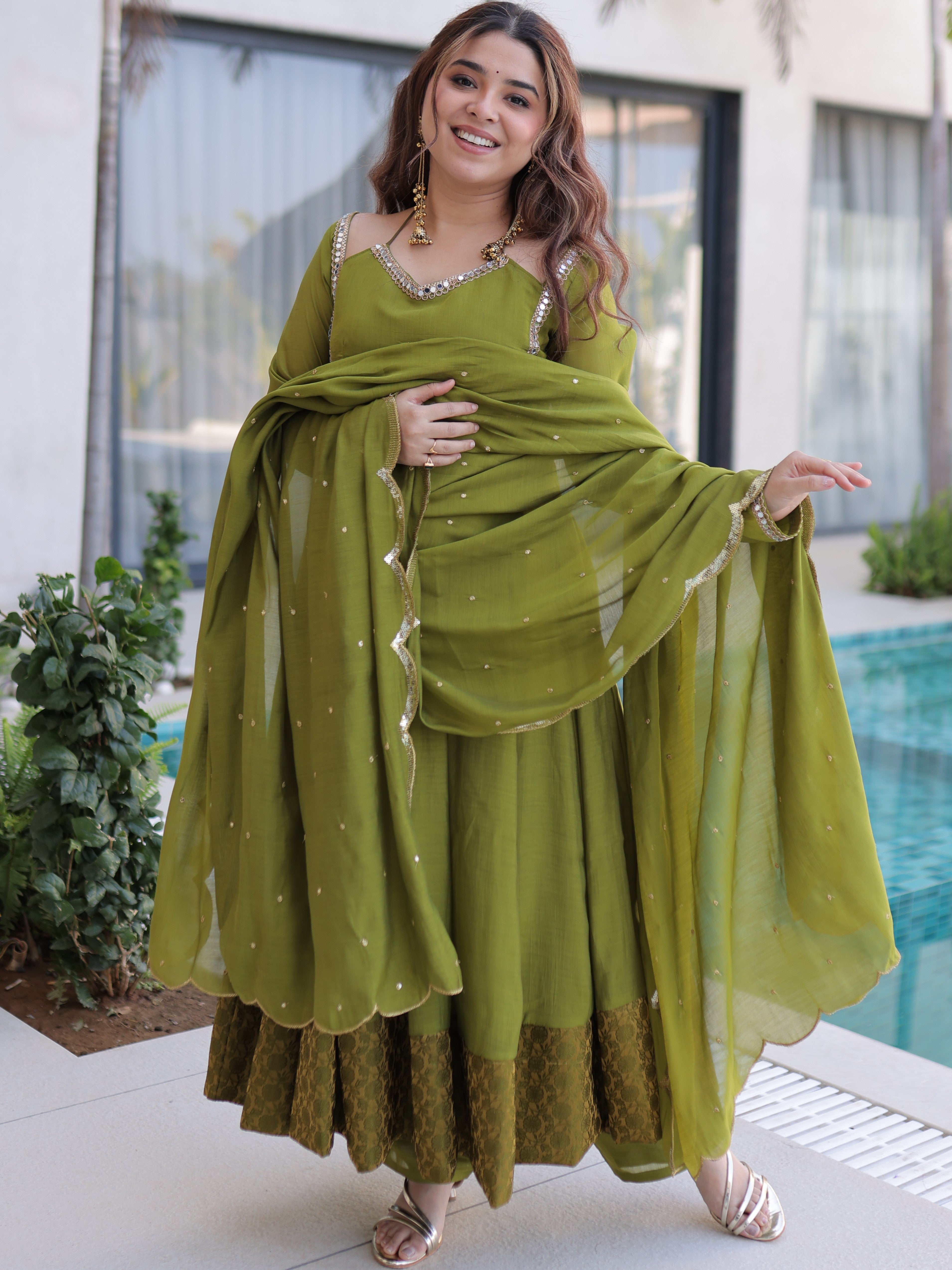 Chanderi Mirror Work Gown With Dupatta