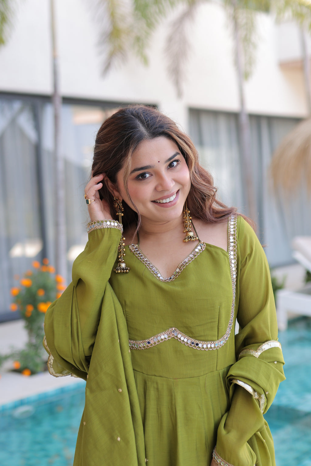 Chanderi Mirror Work Gown With Dupatta