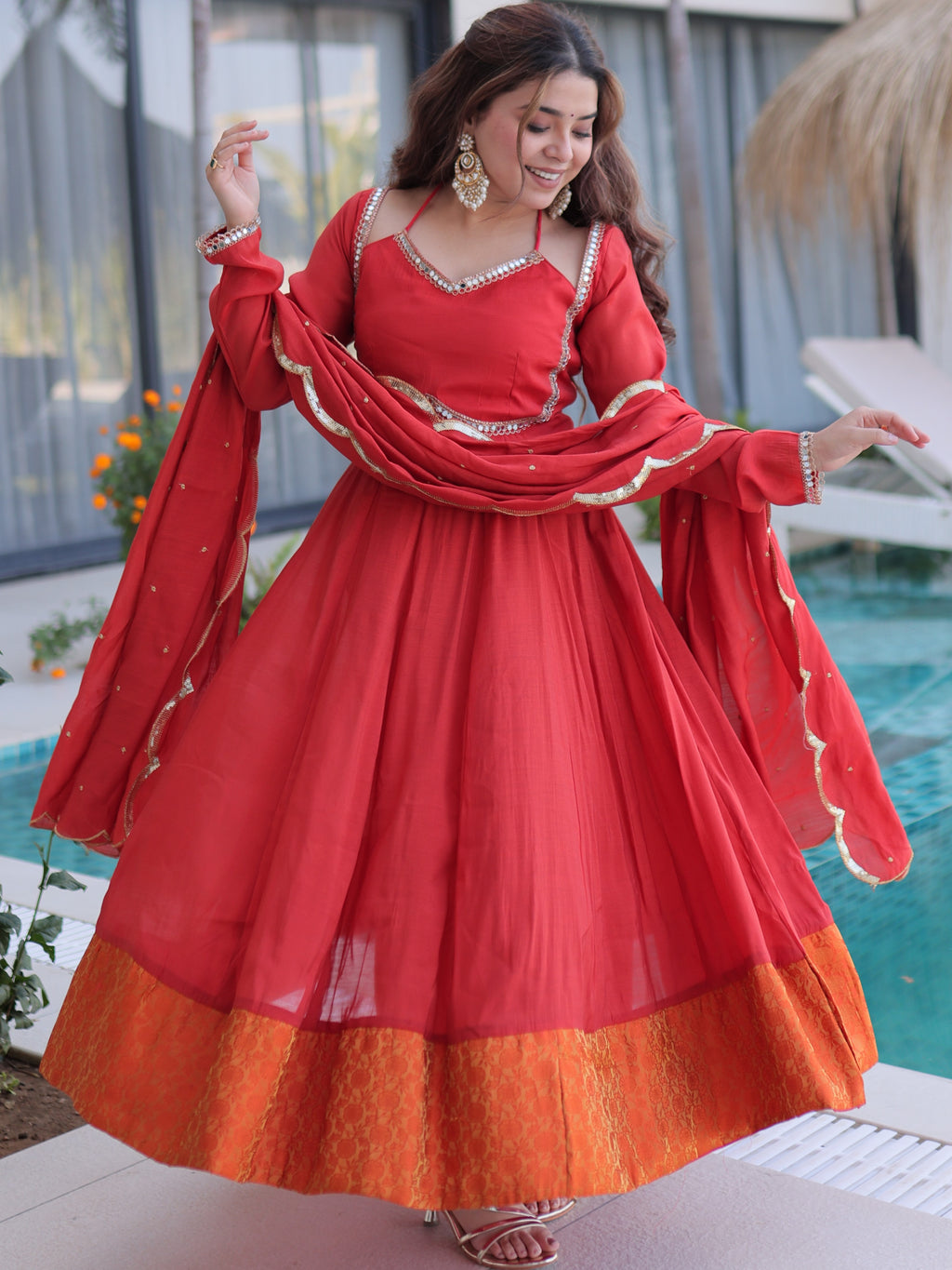 Chanderi Mirror Work Gown With Dupatta