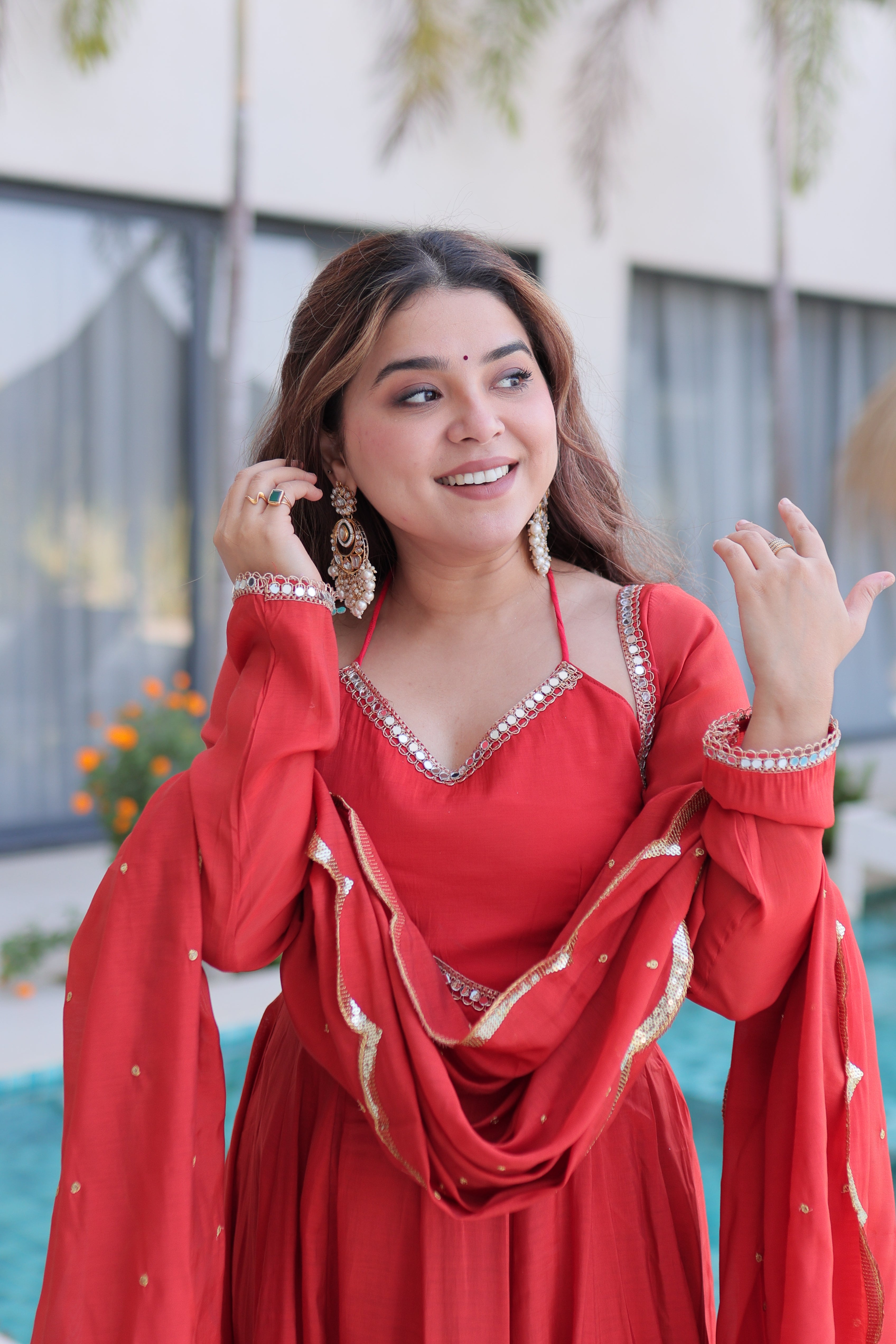 Chanderi Mirror Work Gown With Dupatta