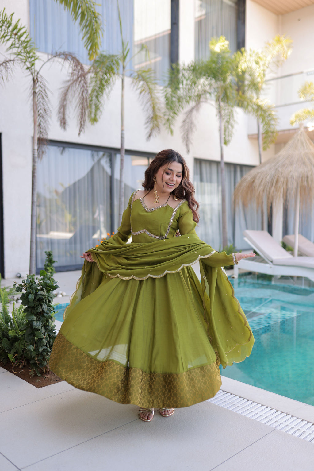 Chanderi Mirror Work Gown With Dupatta