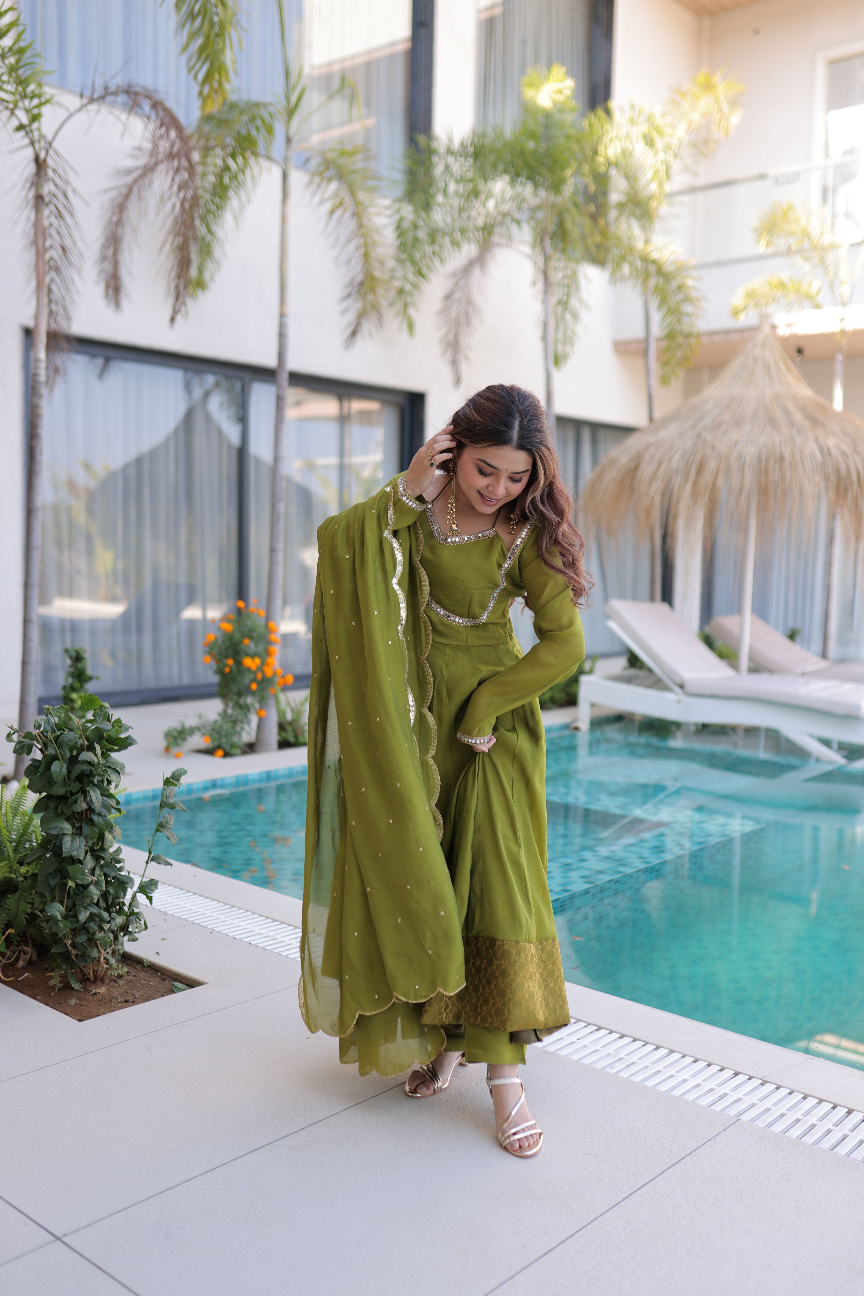 Chanderi Mirror Work Gown With Dupatta