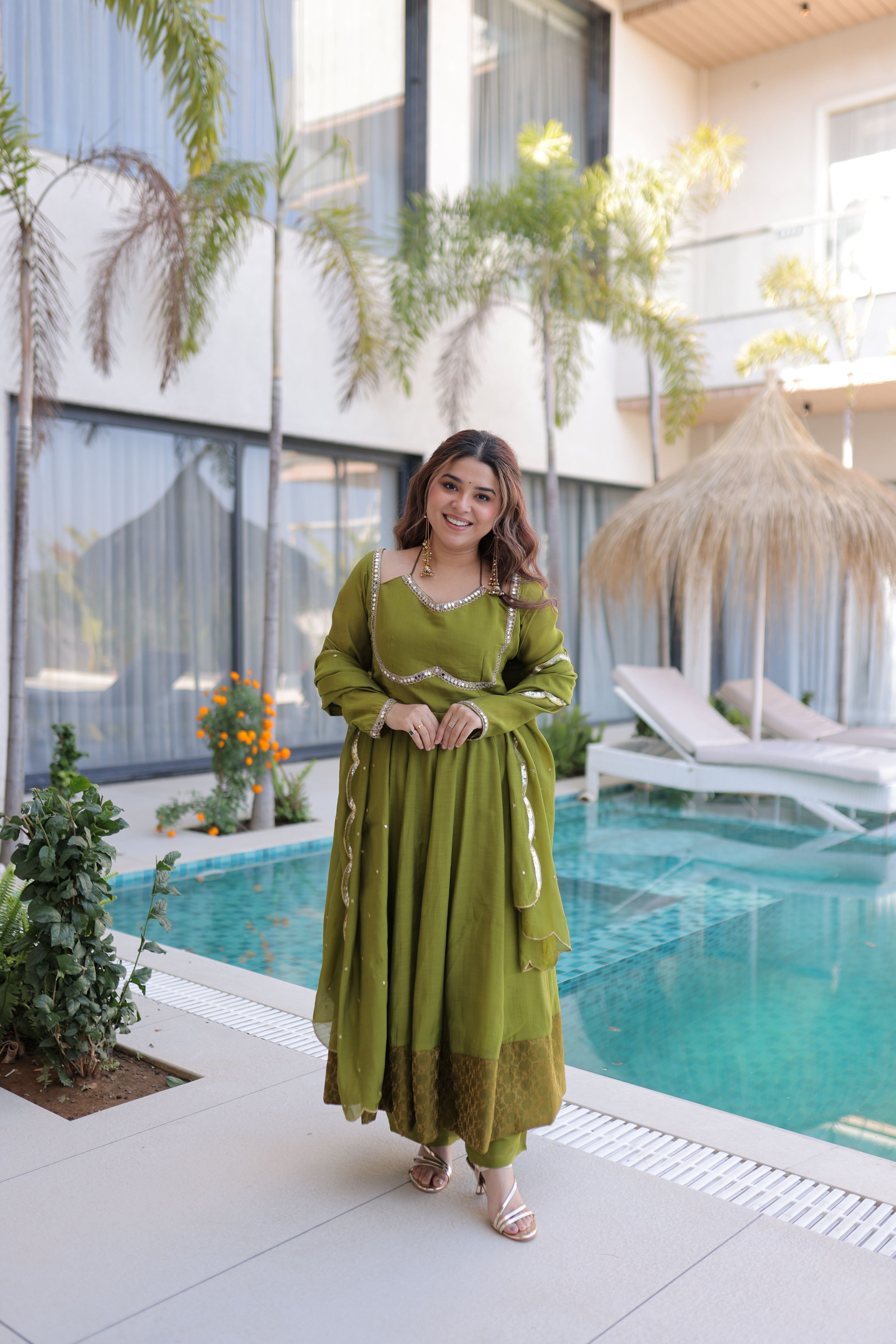 Chanderi Mirror Work Gown With Dupatta