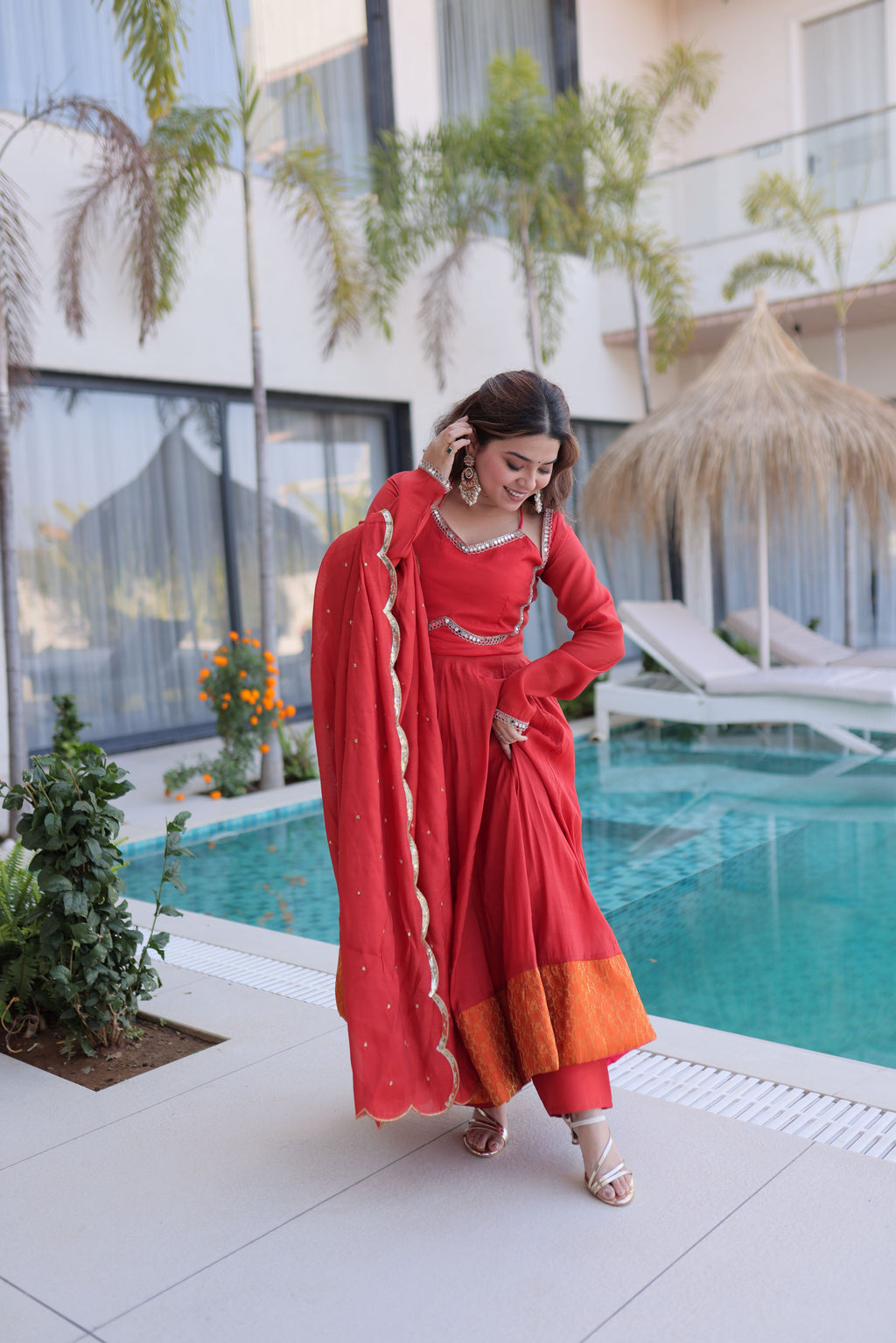 Chanderi Mirror Work Gown With Dupatta