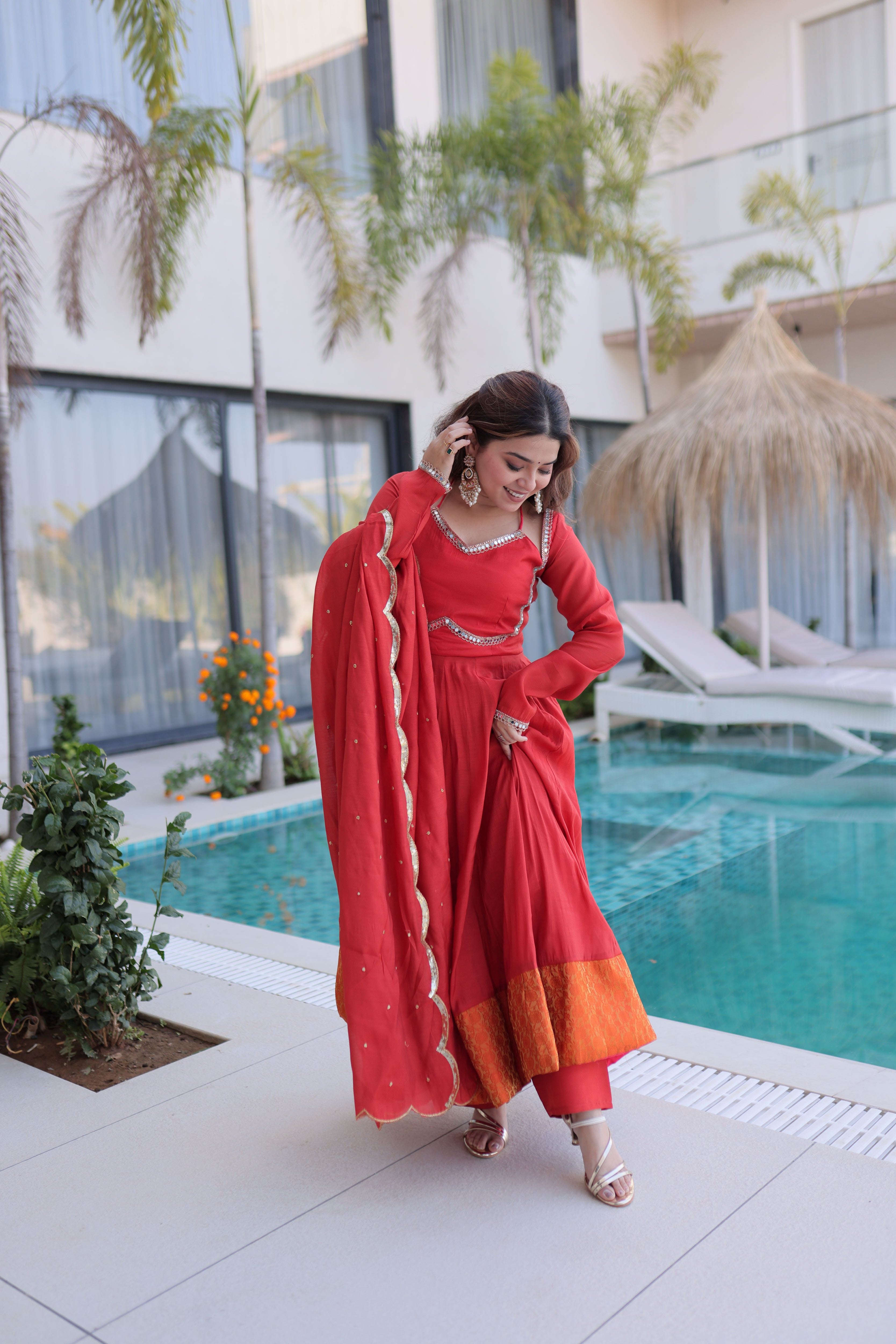 Chanderi Mirror Work Gown With Dupatta