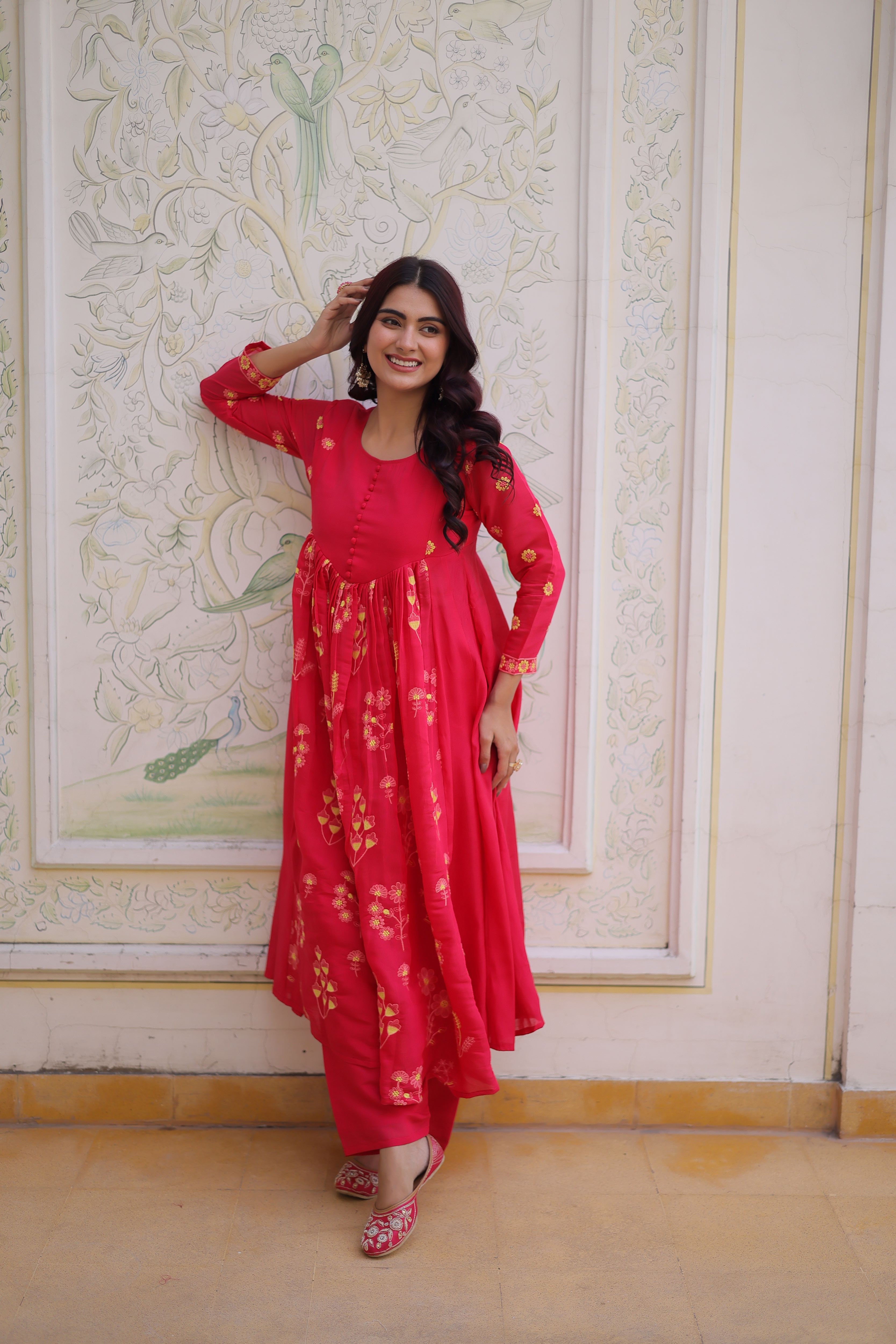 Mull Chanderi Embroidered Kurti-Pant