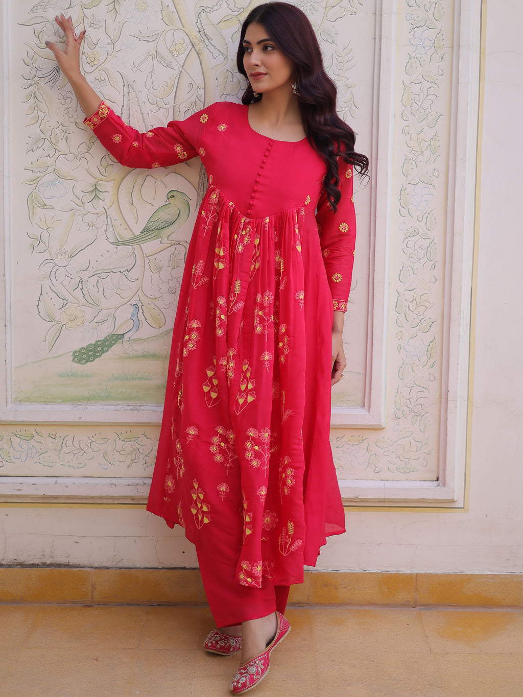 Mull Chanderi Embroidered Kurti-Pant