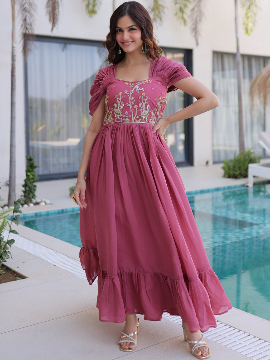 Mull Chanderi Beads Embroidered Gown