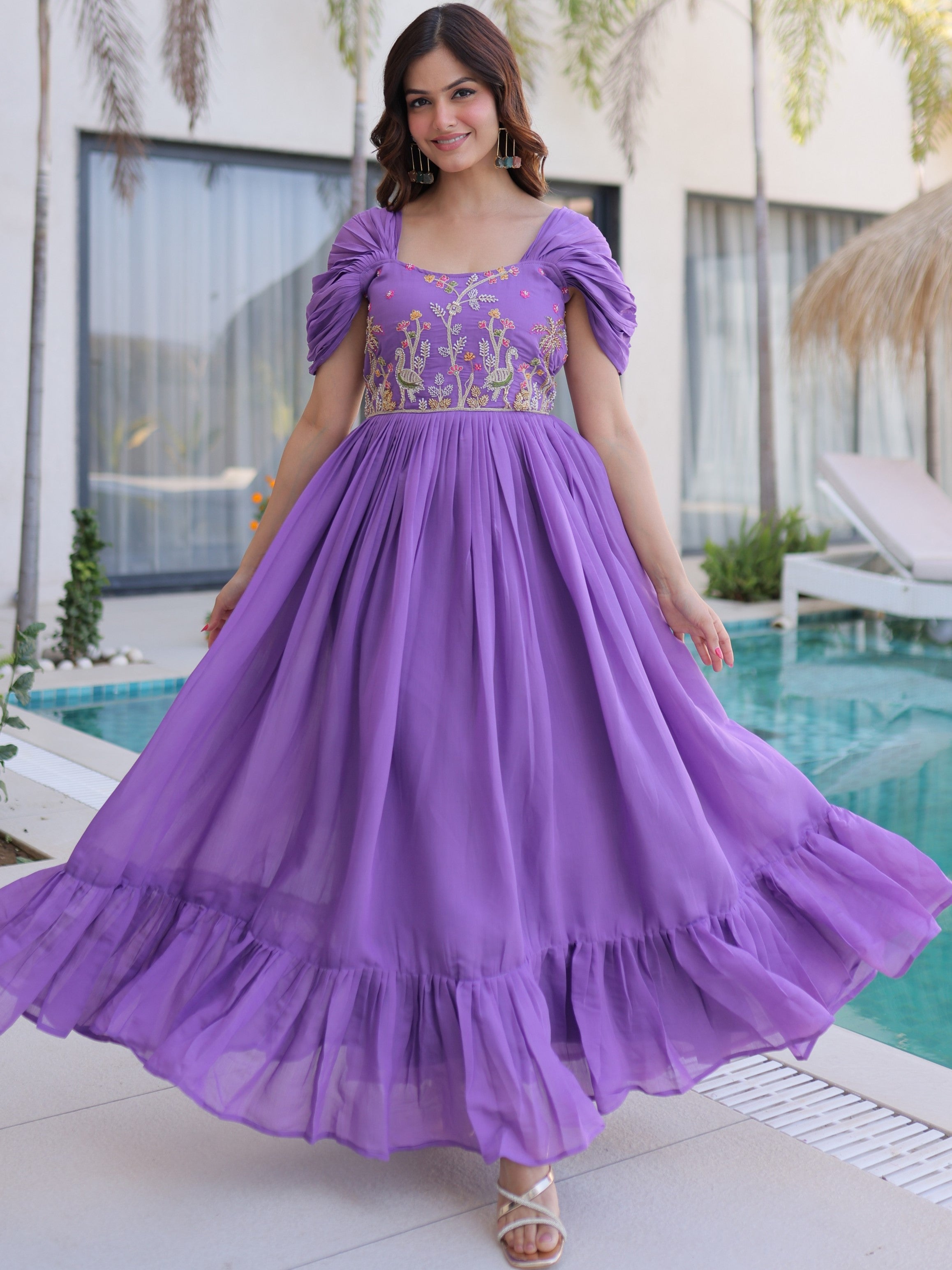 Mull Chanderi Beads Embroidered Gown
