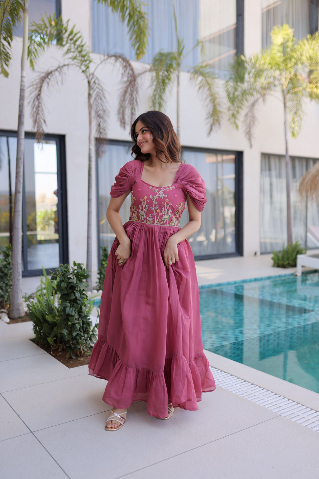 Mull Chanderi Beads Embroidered Gown