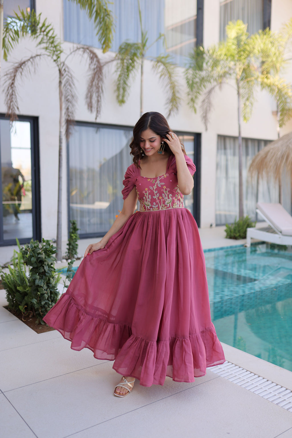 Mull Chanderi Beads Embroidered Gown