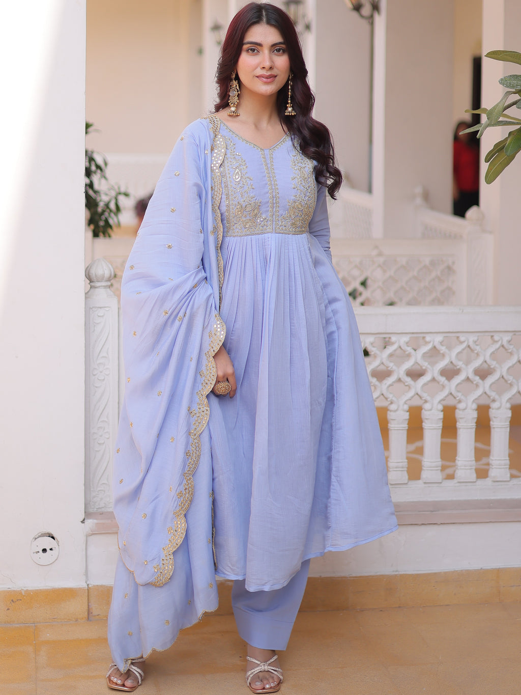Mull Chanderi Embroidered Kurti-Pant With Dupatta