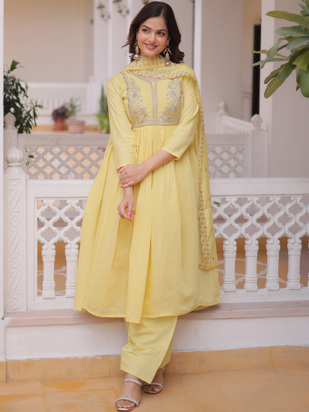 Mull Chanderi Embroidered Kurti-Pant With Dupatta